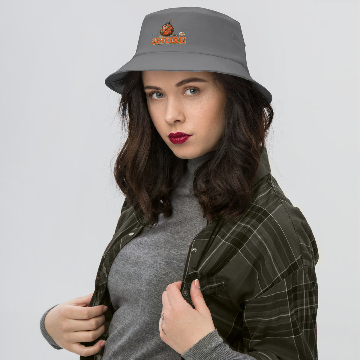 Fishing Lovers 100% Cotton Heavyweight Old School Bucket Hat with Vintage Glass Float and "SHORE" Design by printfluence.net