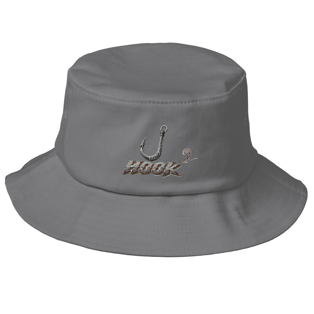 Fishing Lovers 100% Heavyweight Cotton Old School Bucket Hat with Metallic Fish Hook and "HOOK" Design by printfluence.net