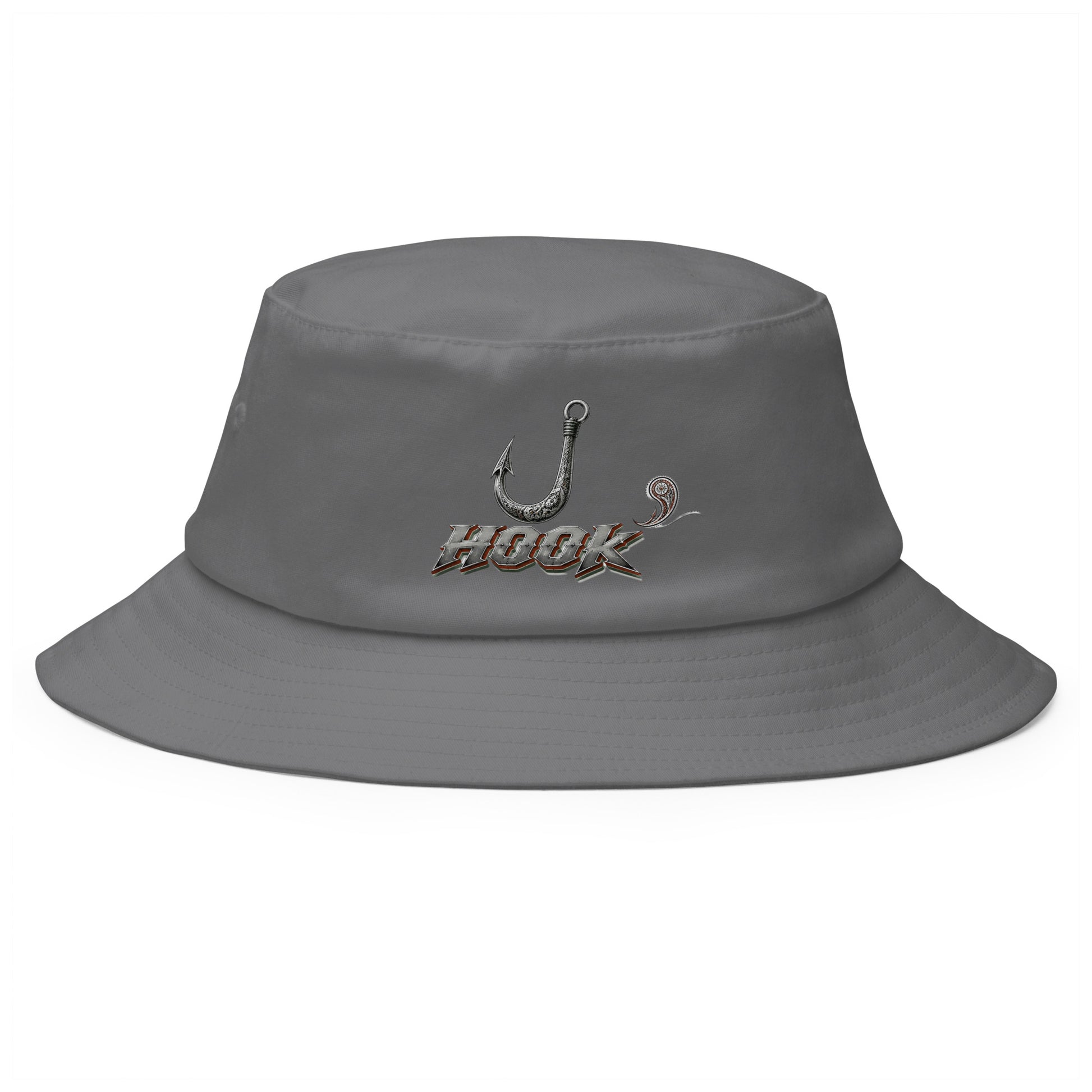 Fishing Lovers 100% Heavyweight Cotton Old School Bucket Hat with Metallic Fish Hook and "HOOK" Design by printfluence.net
