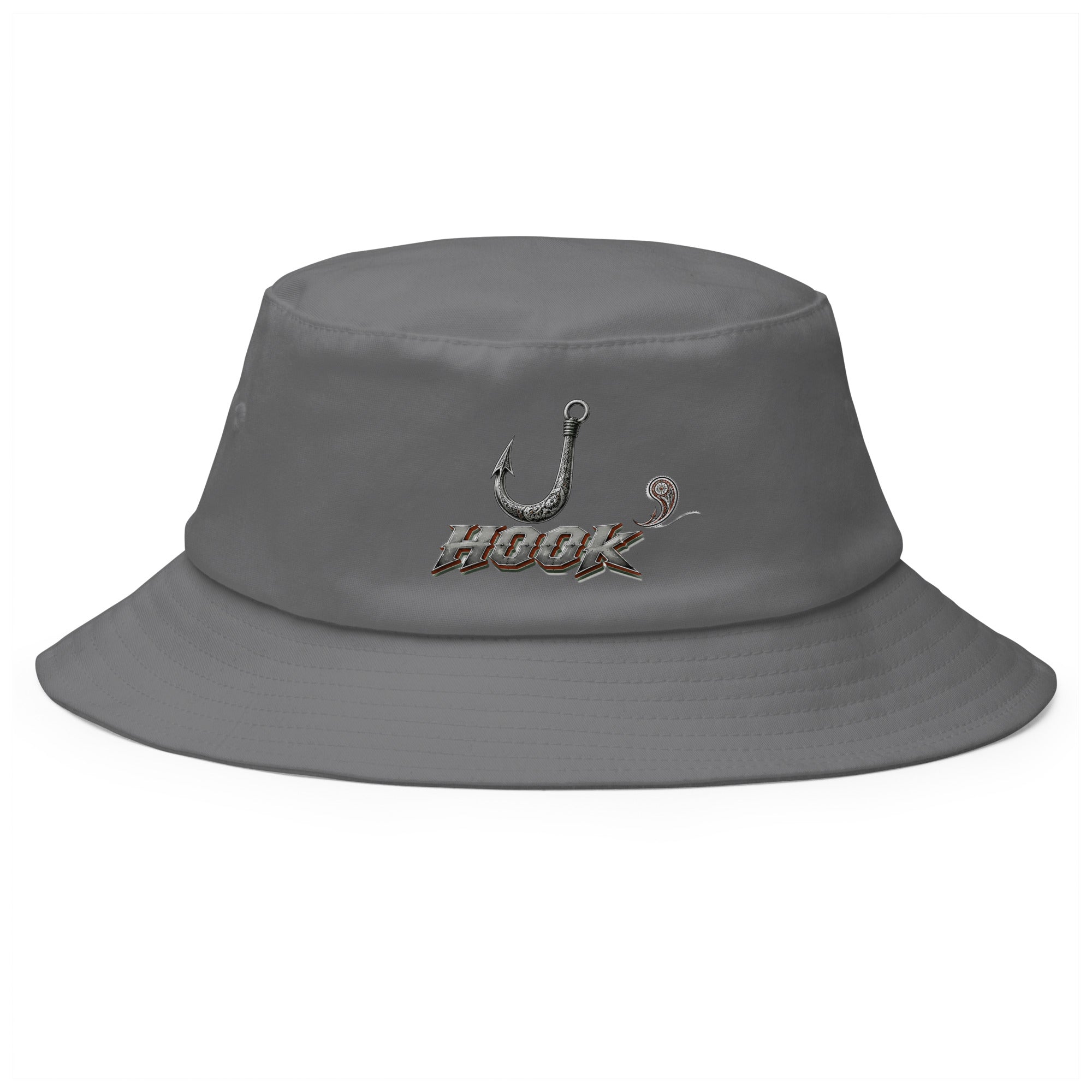 Fishing Lovers 100% Heavyweight Cotton Old School Bucket Hat with Metallic Fish Hook and "HOOK" Design by printfluence.net