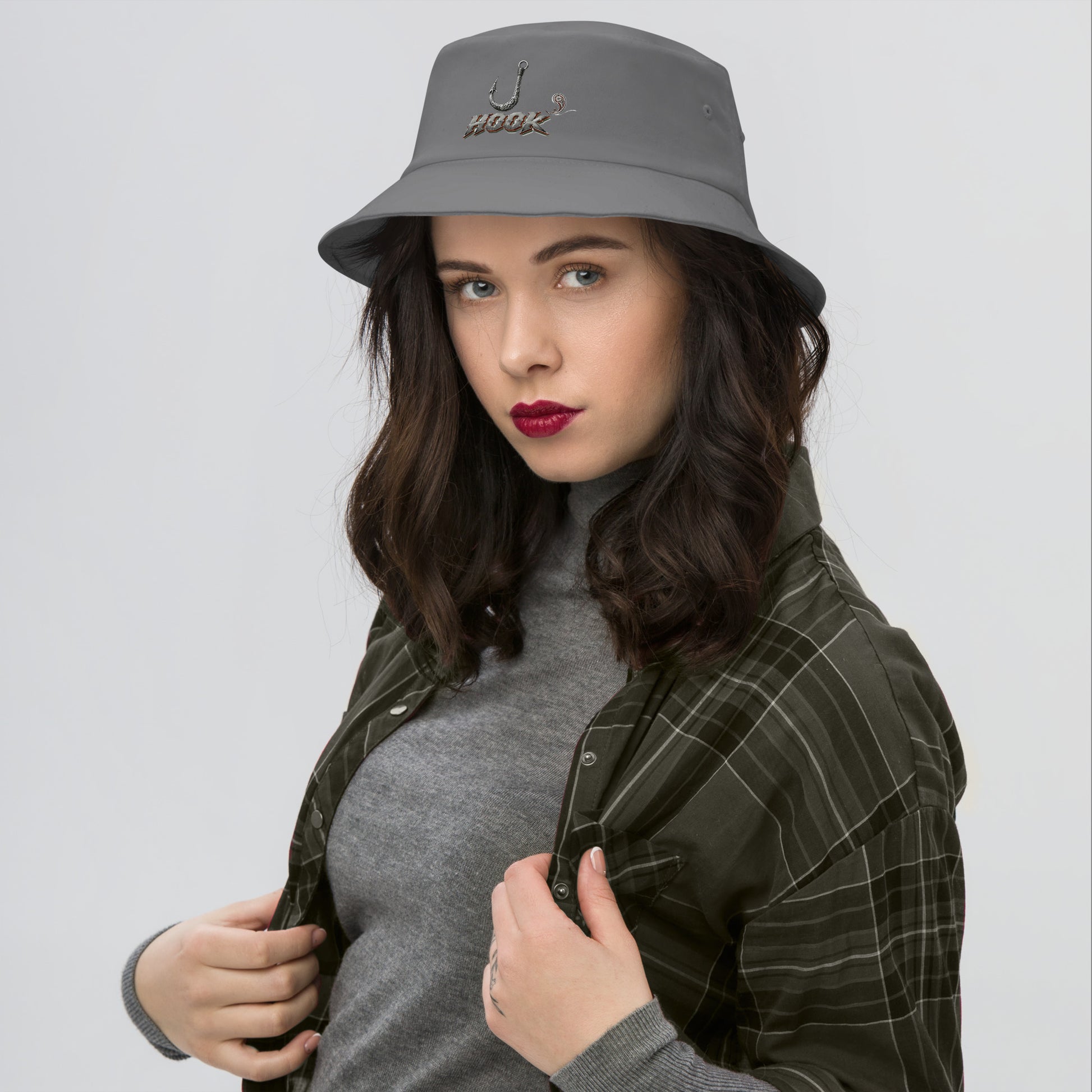 Fishing Lovers 100% Heavyweight Cotton Old School Bucket Hat with Metallic Fish Hook and "HOOK" Design by printfluence.net