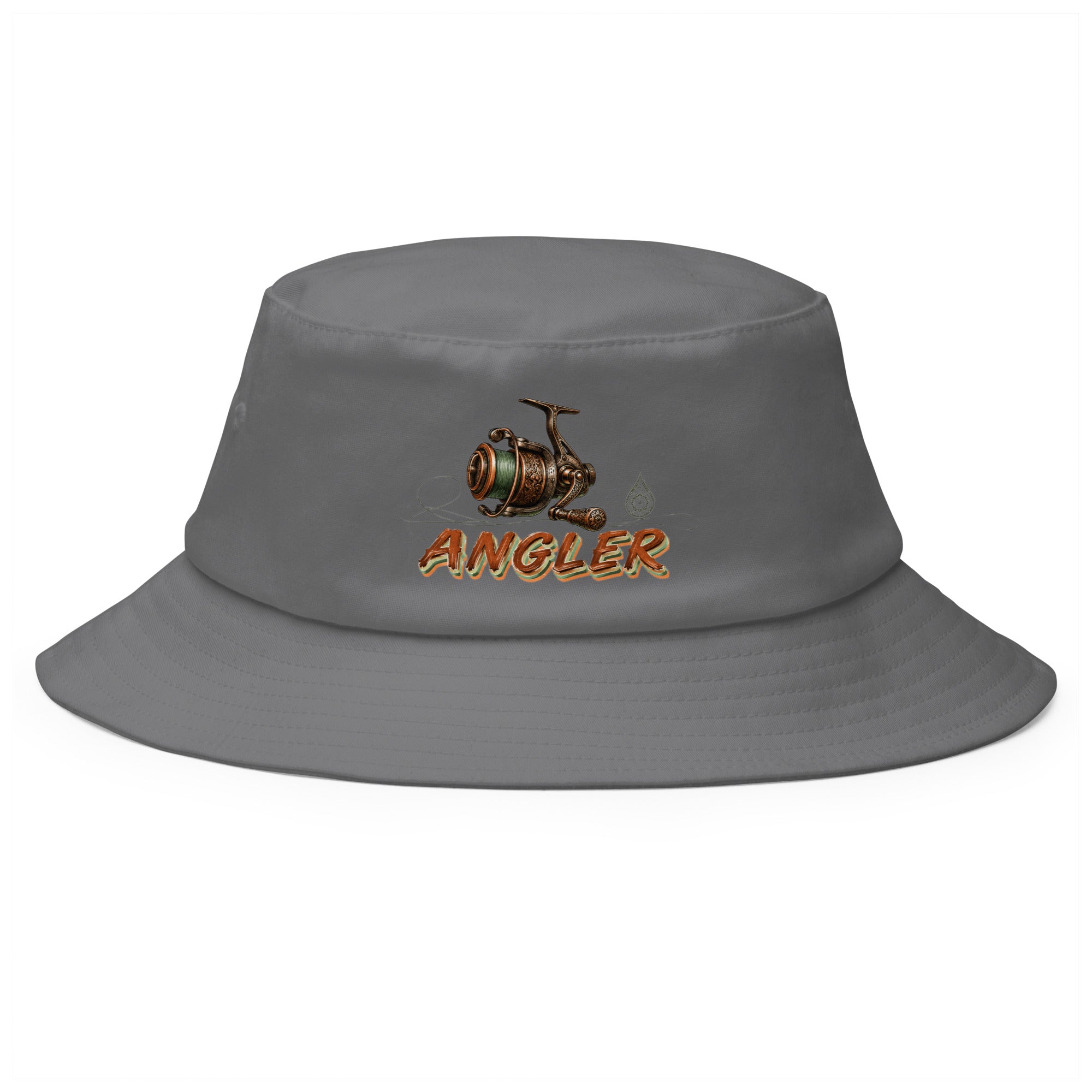 Fishing Lovers 100% Heavyweight Cotton Old School Bucket Hat with Vintage Angler Reel and "ANGLER" Design by printfluence.net