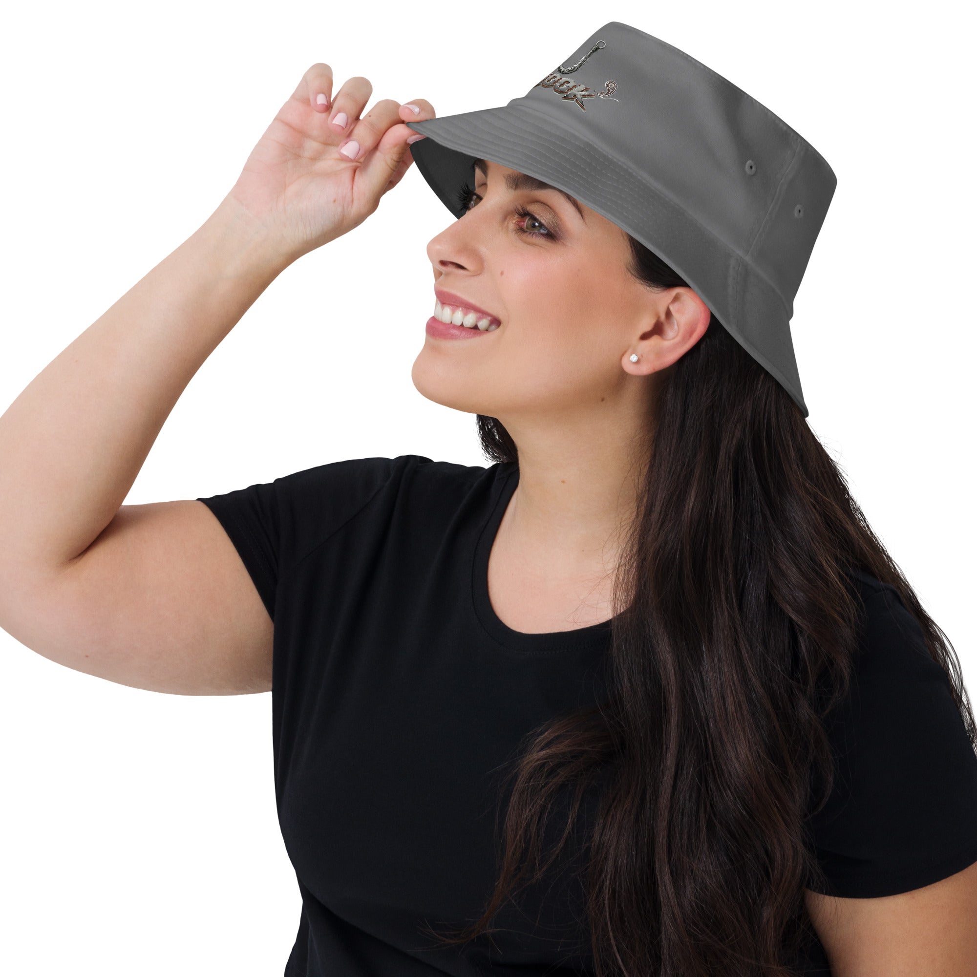 Fishing Lovers 100% Heavyweight Cotton Old School Bucket Hat with Metallic Fish Hook and "HOOK" Design by printfluence.net