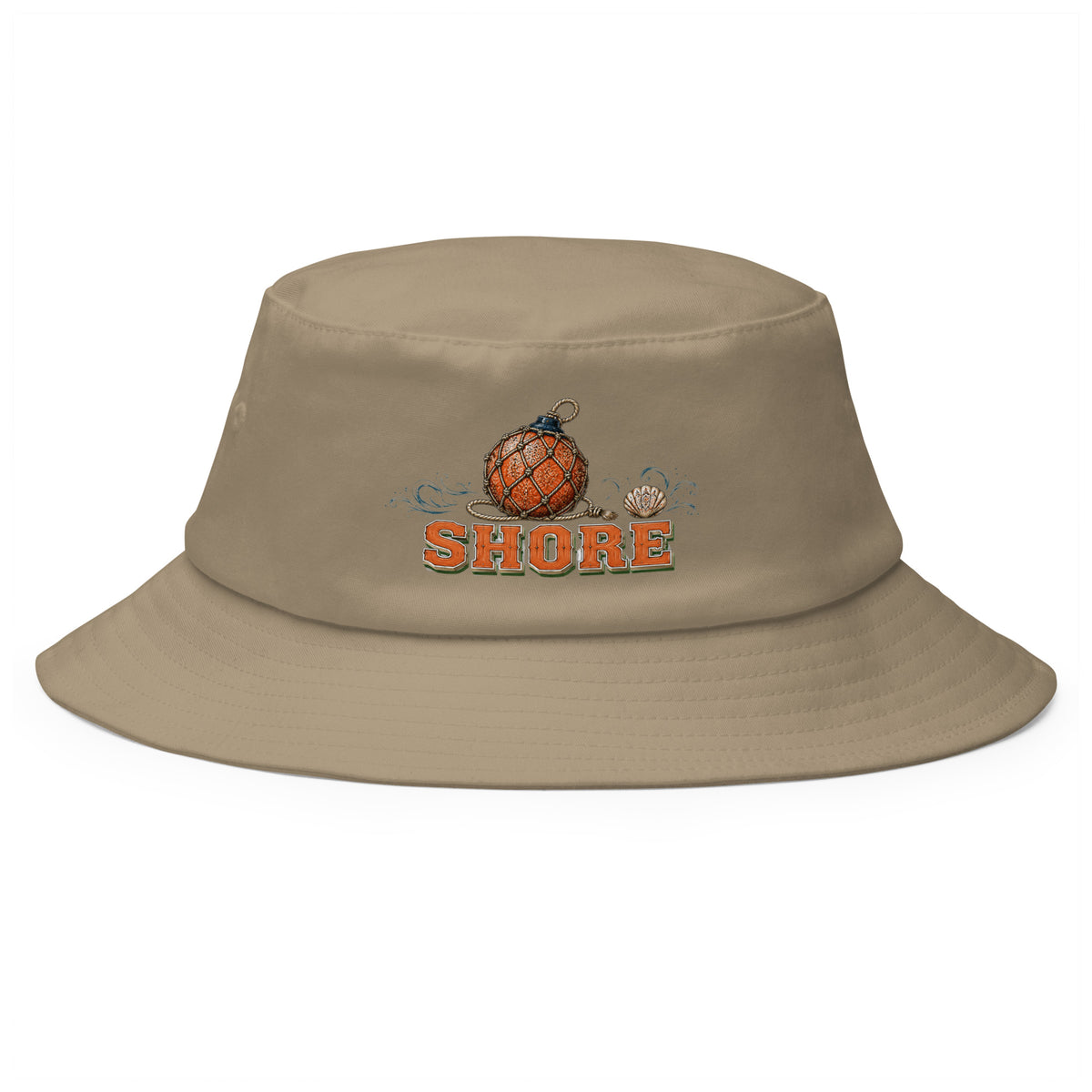Fishing Lovers 100% Cotton Heavyweight Old School Bucket Hat with Vintage Glass Float and "SHORE" Design by printfluence.net
