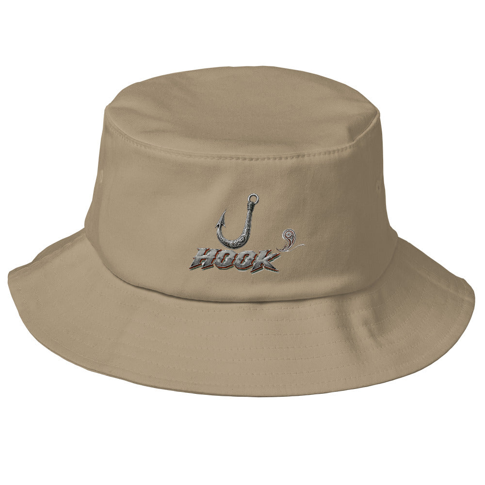 Fishing Lovers 100% Heavyweight Cotton Old School Bucket Hat with Metallic Fish Hook and "HOOK" Design by printfluence.net