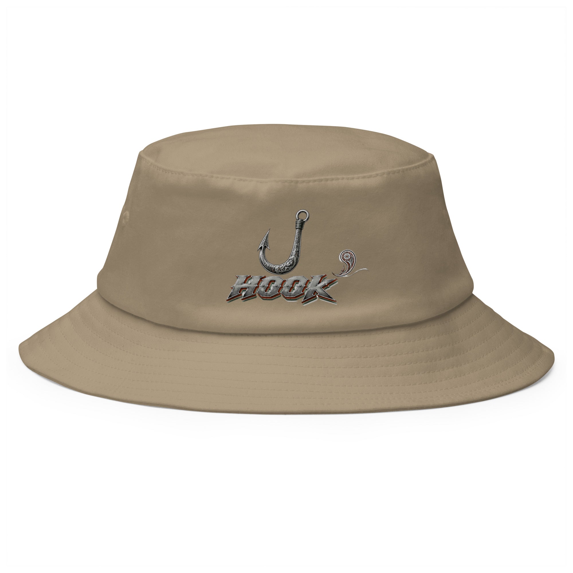 Fishing Lovers 100% Heavyweight Cotton Old School Bucket Hat with Metallic Fish Hook and "HOOK" Design by printfluence.net