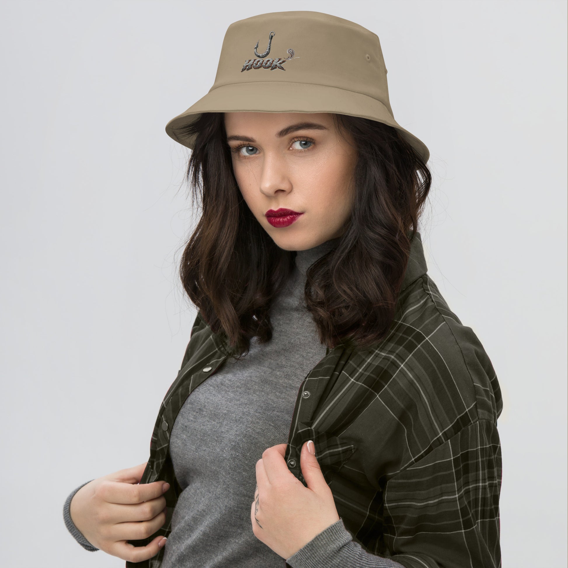 Fishing Lovers 100% Heavyweight Cotton Old School Bucket Hat with Metallic Fish Hook and "HOOK" Design by printfluence.net