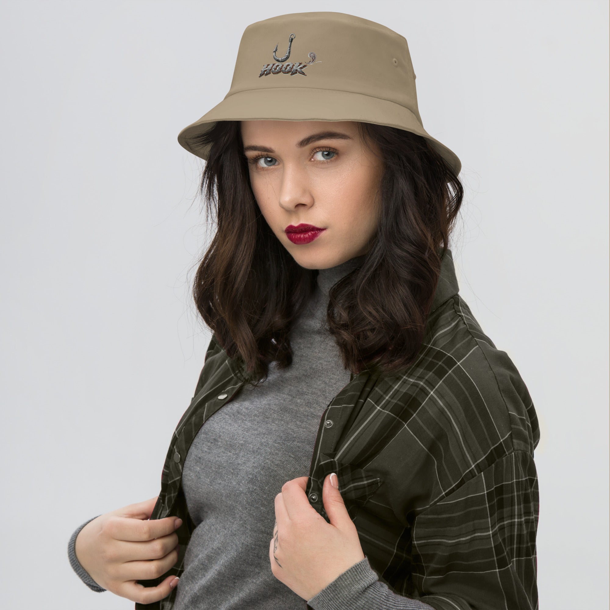 Fishing Lovers 100% Heavyweight Cotton Old School Bucket Hat with Metallic Fish Hook and "HOOK" Design by printfluence.net