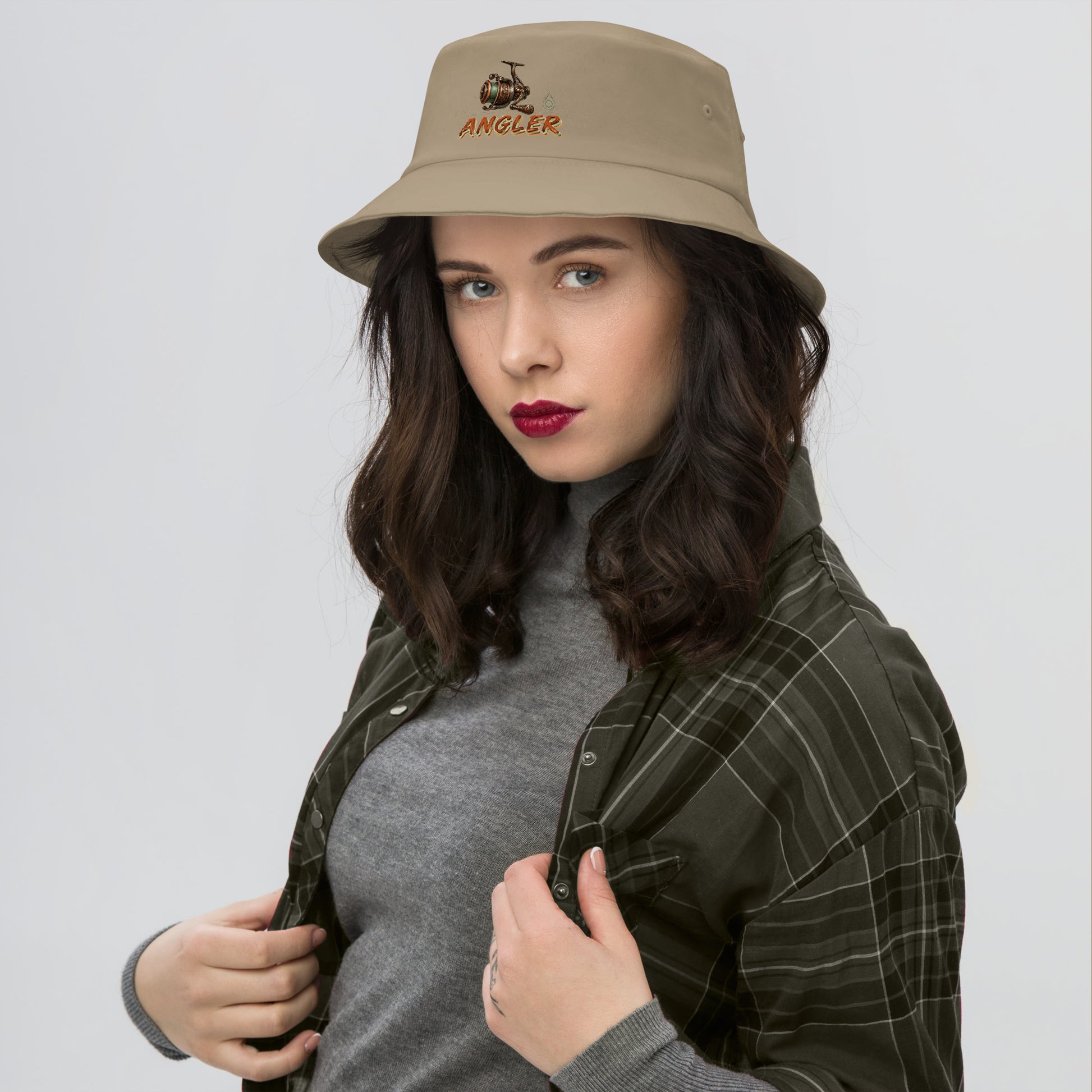 Fishing Lovers 100% Heavyweight Cotton Old School Bucket Hat with Vintage Angler Reel and "ANGLER" Design by printfluence.net