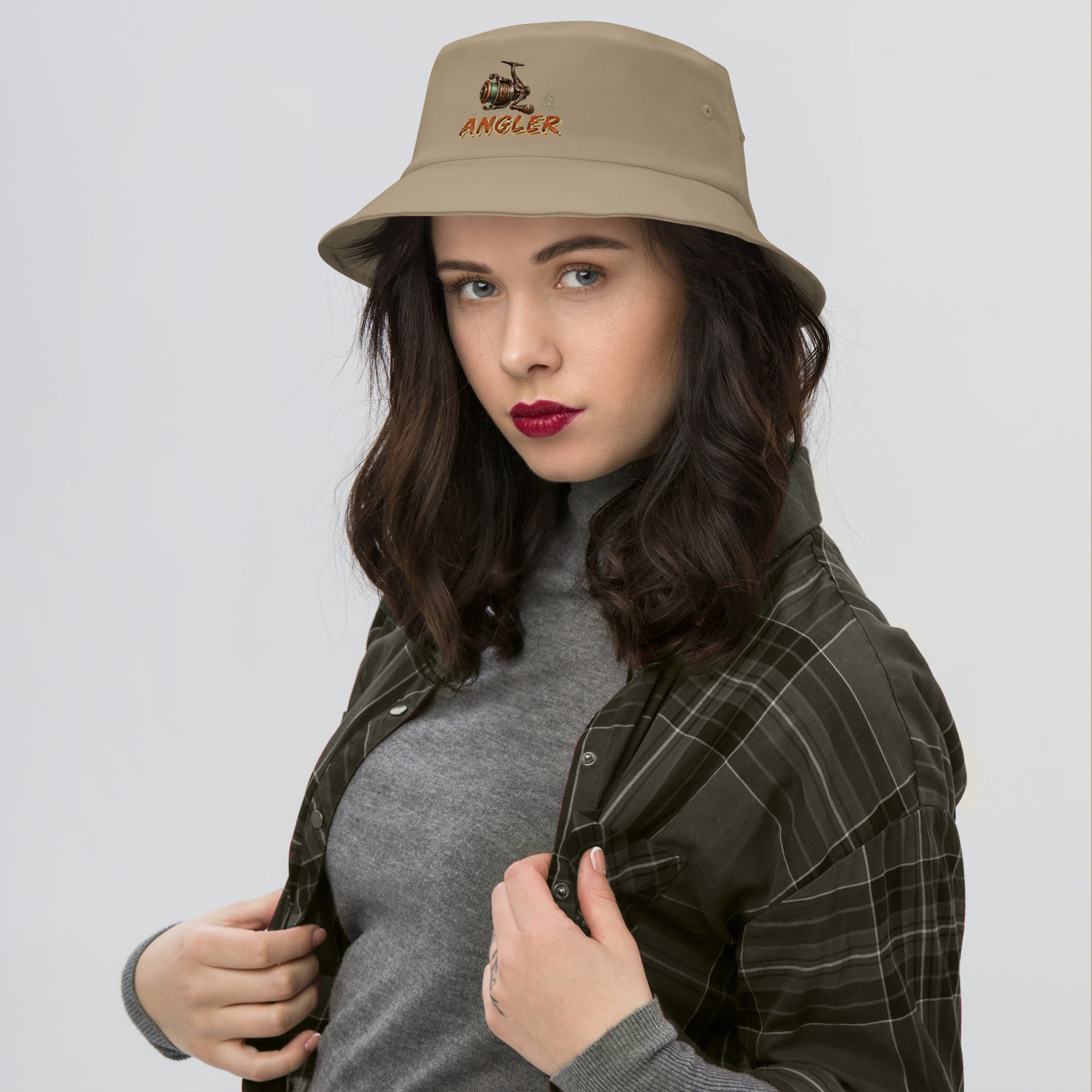 Fishing Lovers 100% Heavyweight Cotton Old School Bucket Hat with Vintage Angler Reel and "ANGLER" Design by printfluence.net