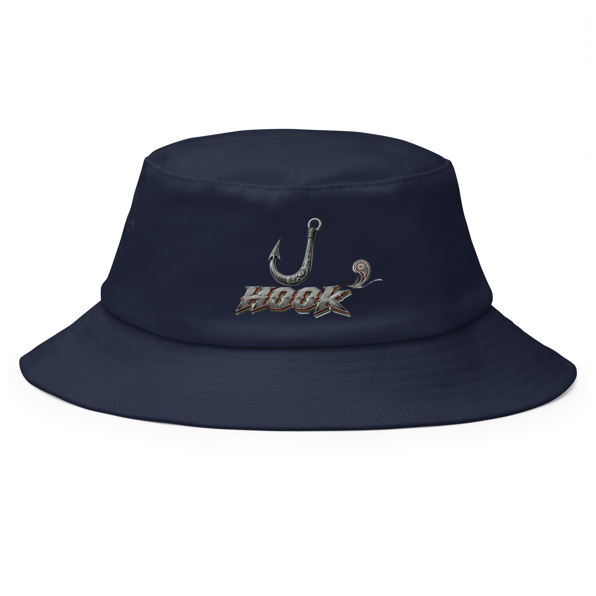 Fishing Lovers 100% Heavyweight Cotton Old School Bucket Hat with Metallic Fish Hook and "HOOK" Design by printfluence.net