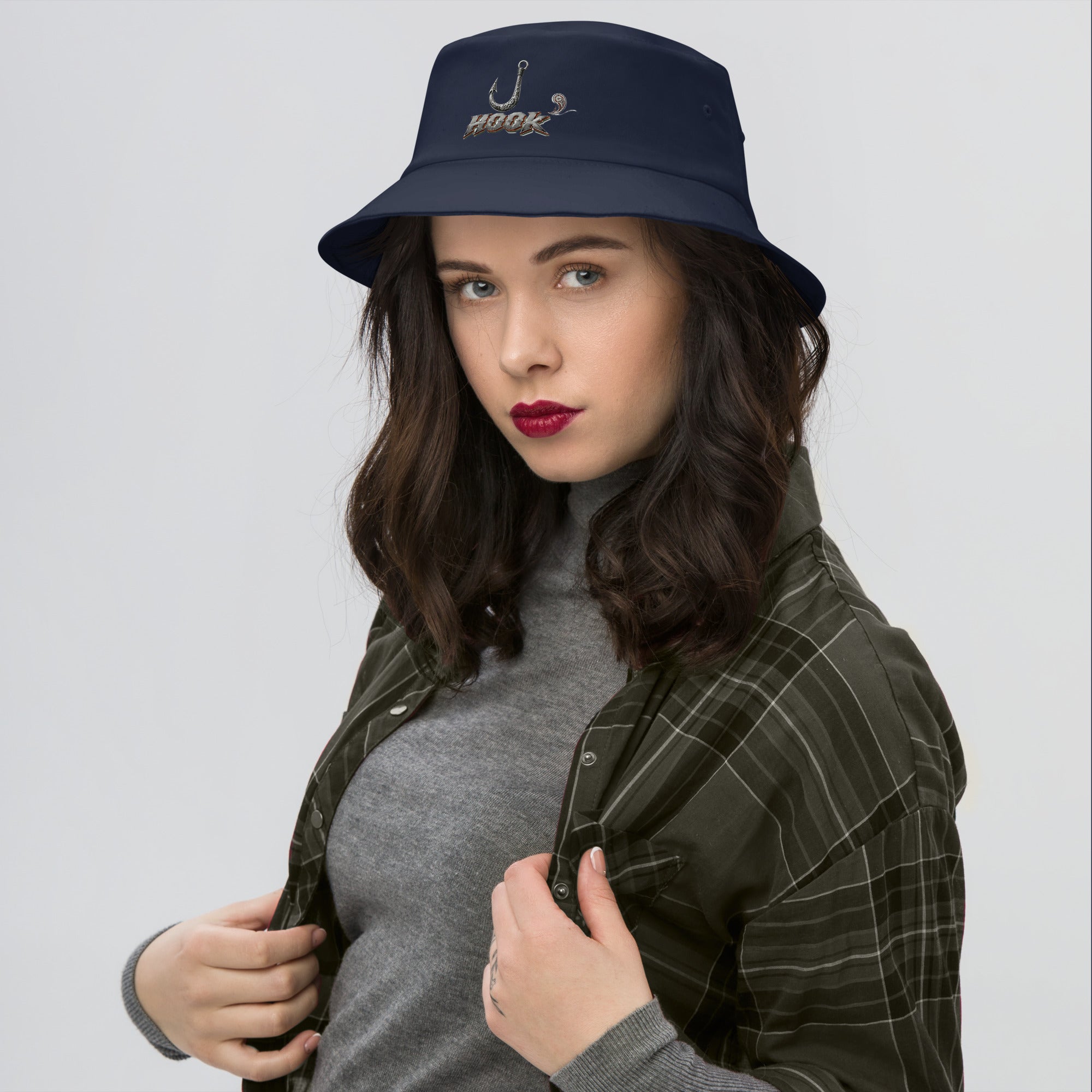 Fishing Lovers 100% Heavyweight Cotton Old School Bucket Hat with Metallic Fish Hook and "HOOK" Design by printfluence.net