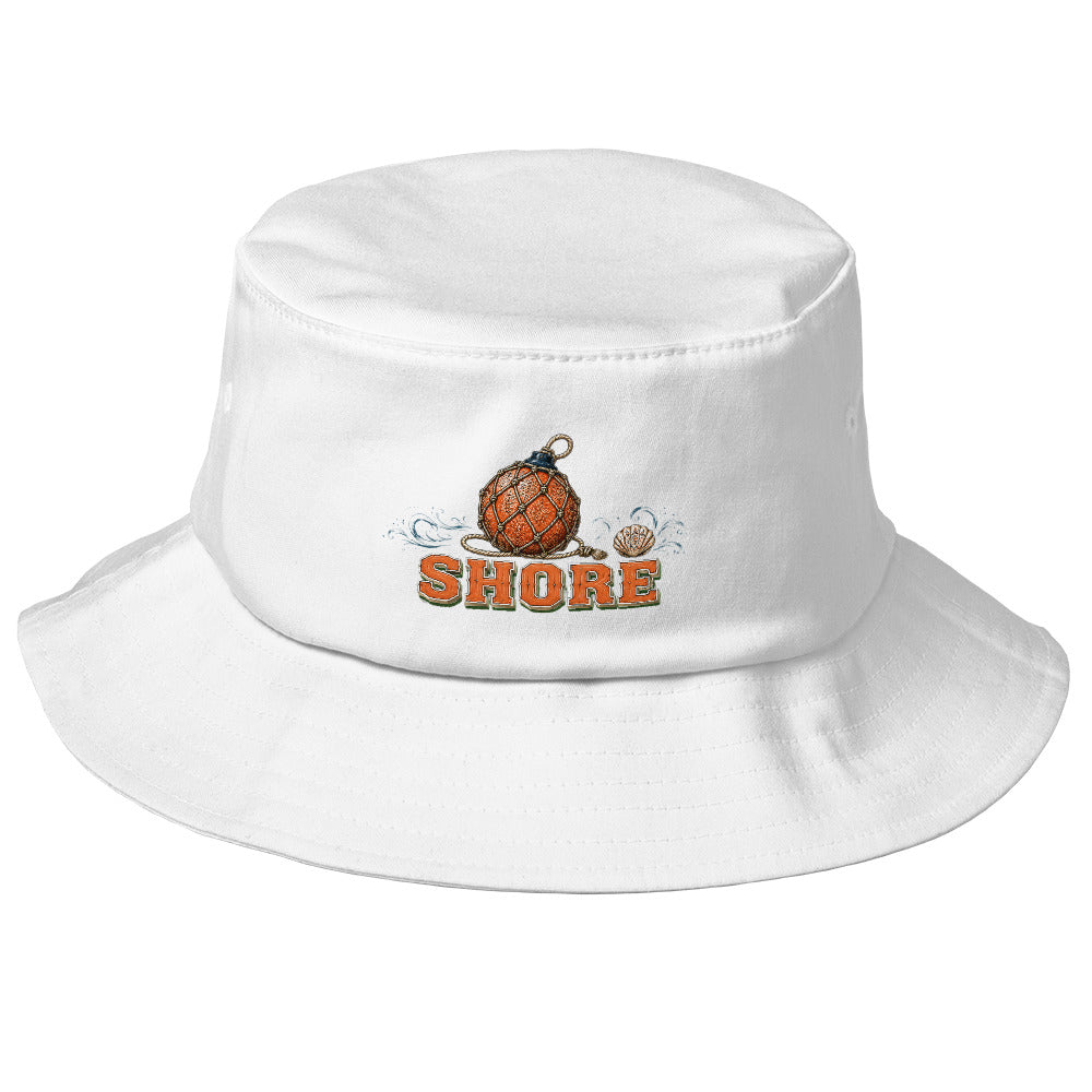 Fishing Lovers 100% Cotton Heavyweight Old School Bucket Hat with Vintage Glass Float and "SHORE" Design by printfluence.net