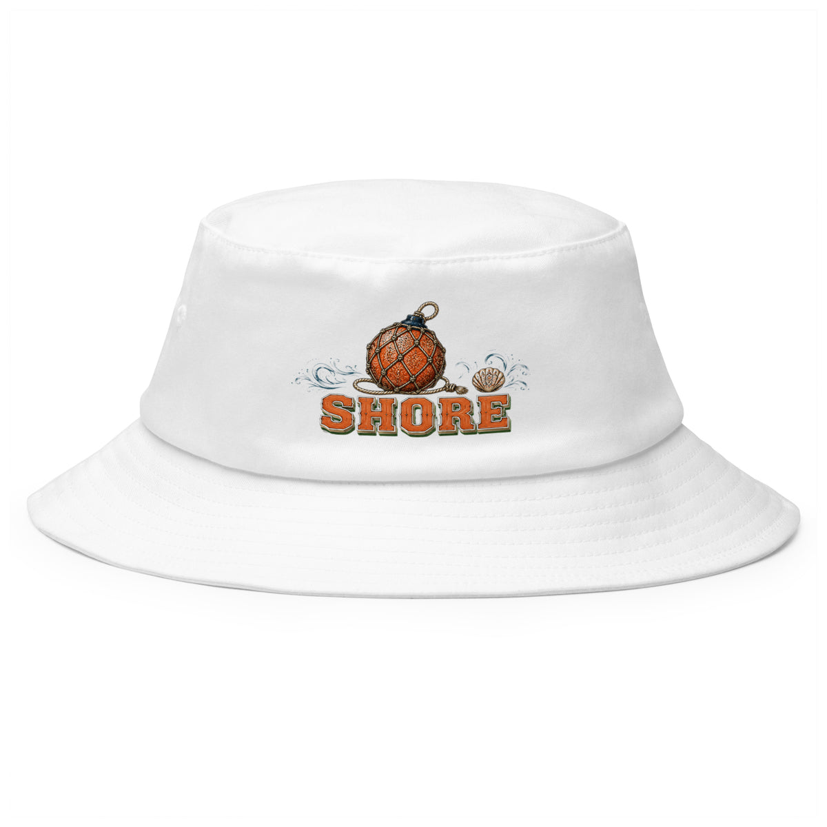 Fishing Lovers 100% Cotton Heavyweight Old School Bucket Hat with Vintage Glass Float and "SHORE" Design by printfluence.net