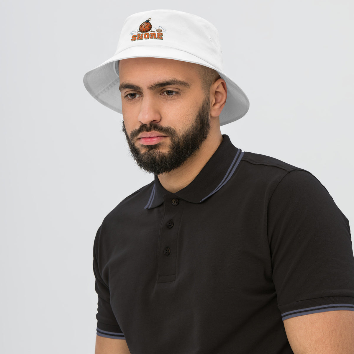 Fishing Lovers 100% Cotton Heavyweight Old School Bucket Hat with Vintage Glass Float and "SHORE" Design by printfluence.net