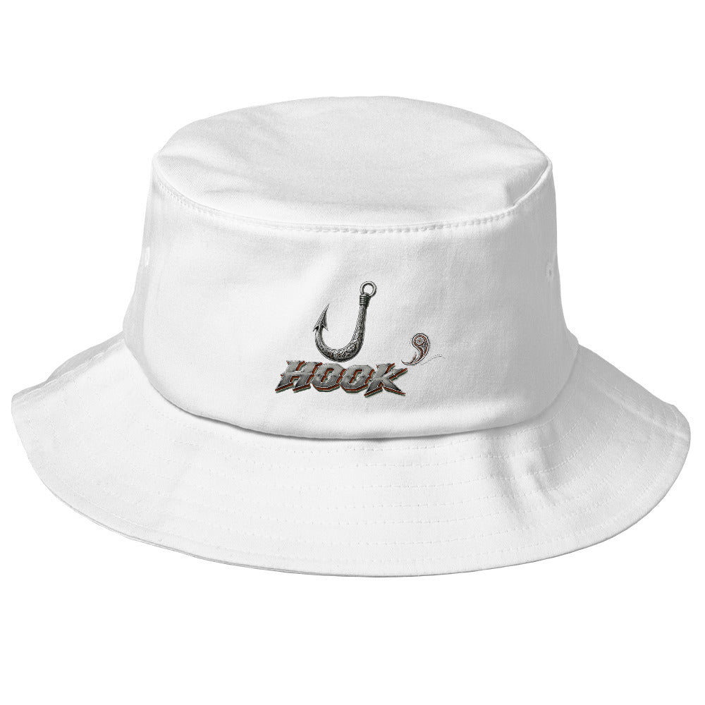 Fishing Lovers 100% Heavyweight Cotton Old School Bucket Hat with Metallic Fish Hook and "HOOK" Design by printfluence.net