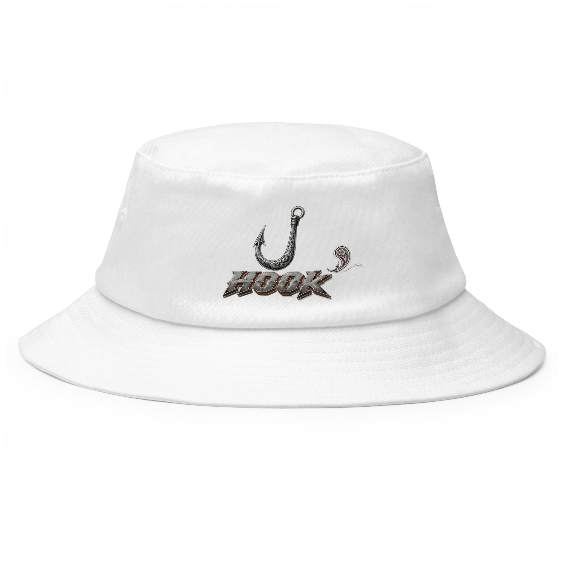 Fishing Lovers 100% Heavyweight Cotton Old School Bucket Hat with Metallic Fish Hook and "HOOK" Design by printfluence.net