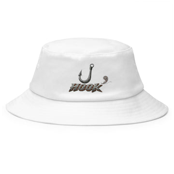 Fishing Lovers 100% Heavyweight Cotton Old School Bucket Hat with Metallic Fish Hook and "HOOK" Design by printfluence.net