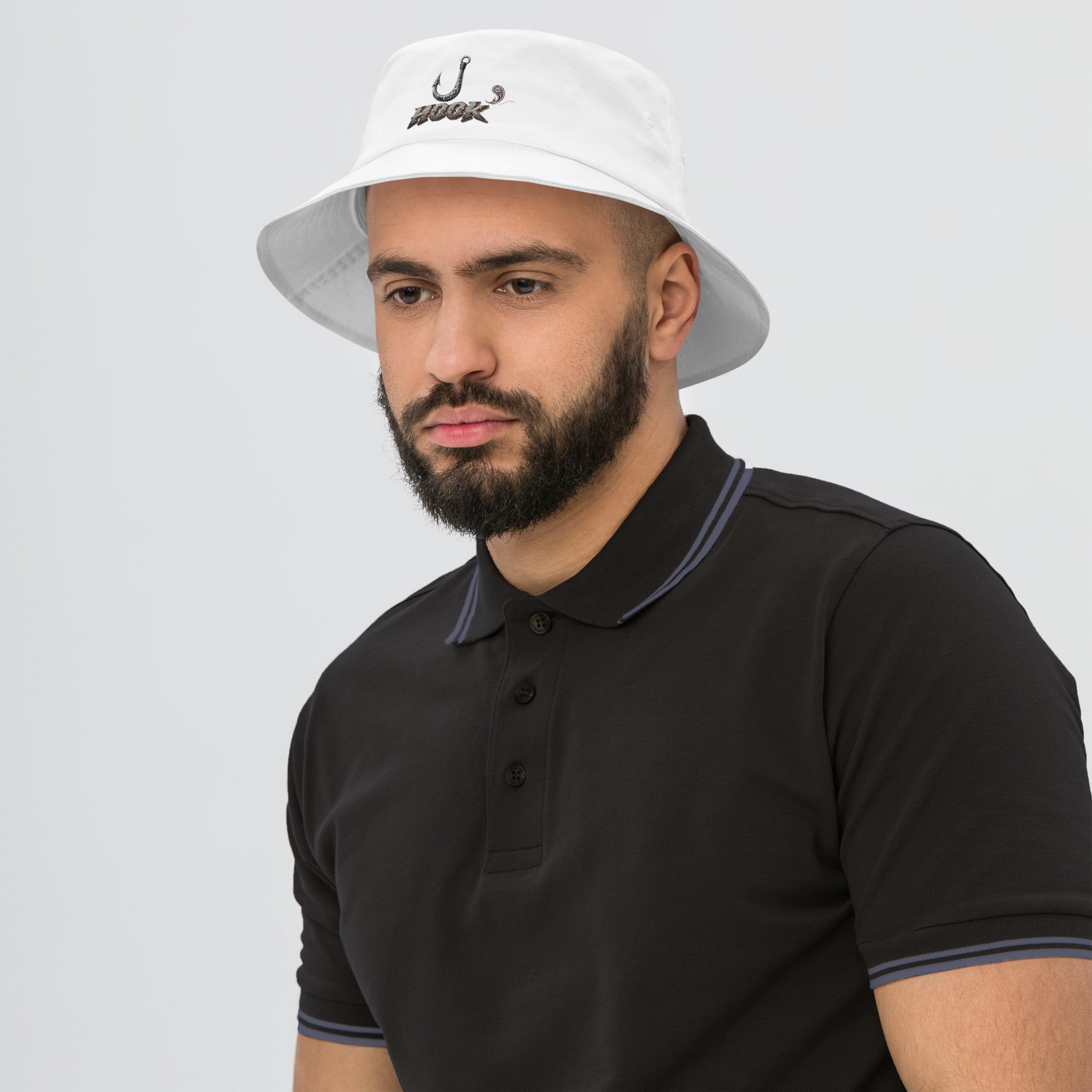 Fishing Lovers 100% Heavyweight Cotton Old School Bucket Hat with Metallic Fish Hook and "HOOK" Design by printfluence.net