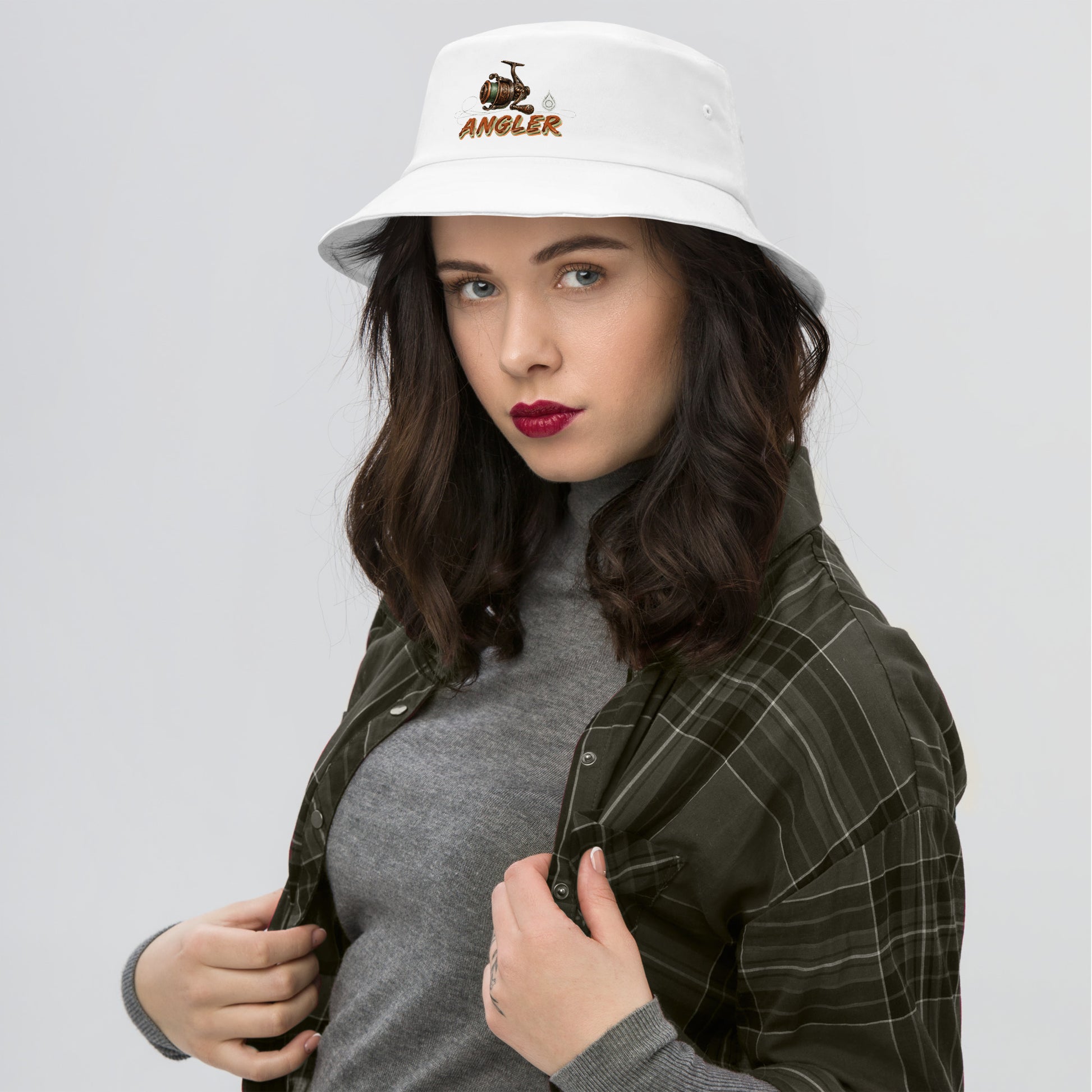 Fishing Lovers 100% Heavyweight Cotton Old School Bucket Hat with Vintage Angler Reel and "ANGLER" Design by printfluence.net
