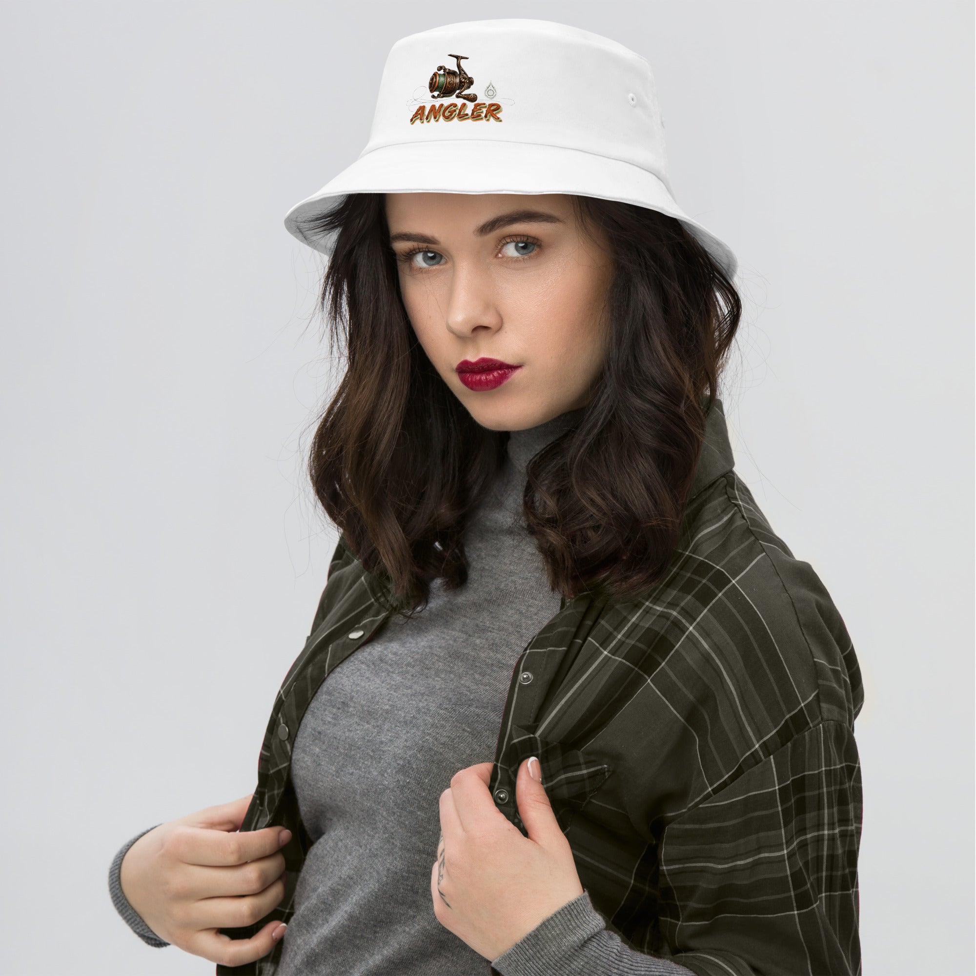Fishing Lovers 100% Heavyweight Cotton Old School Bucket Hat with Vintage Angler Reel and "ANGLER" Design by printfluence.net