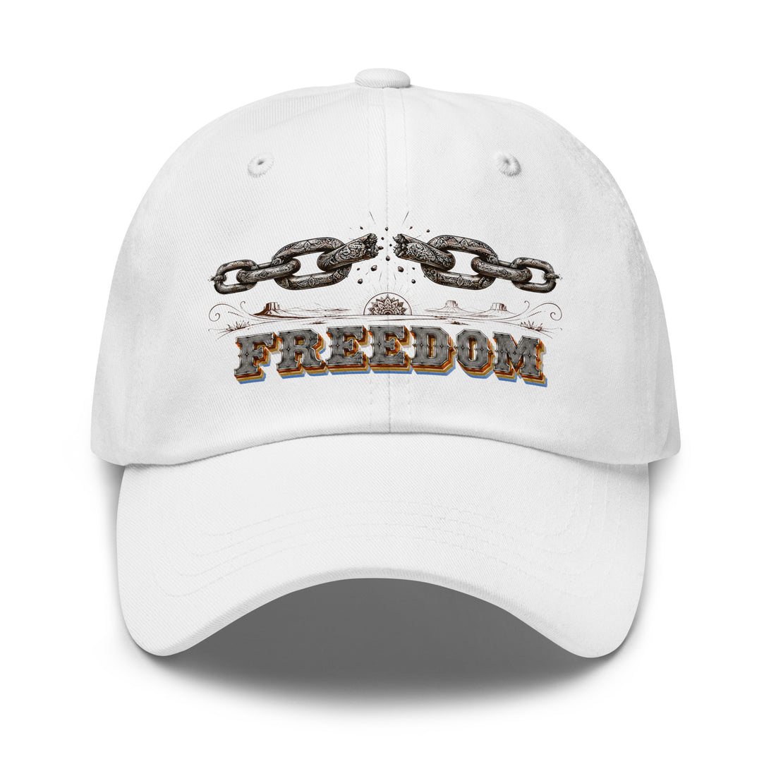 Horse Lovers Dad Hat Freedom – Broken Chain & Western Landscape Embroidered Cap by printfluence.net