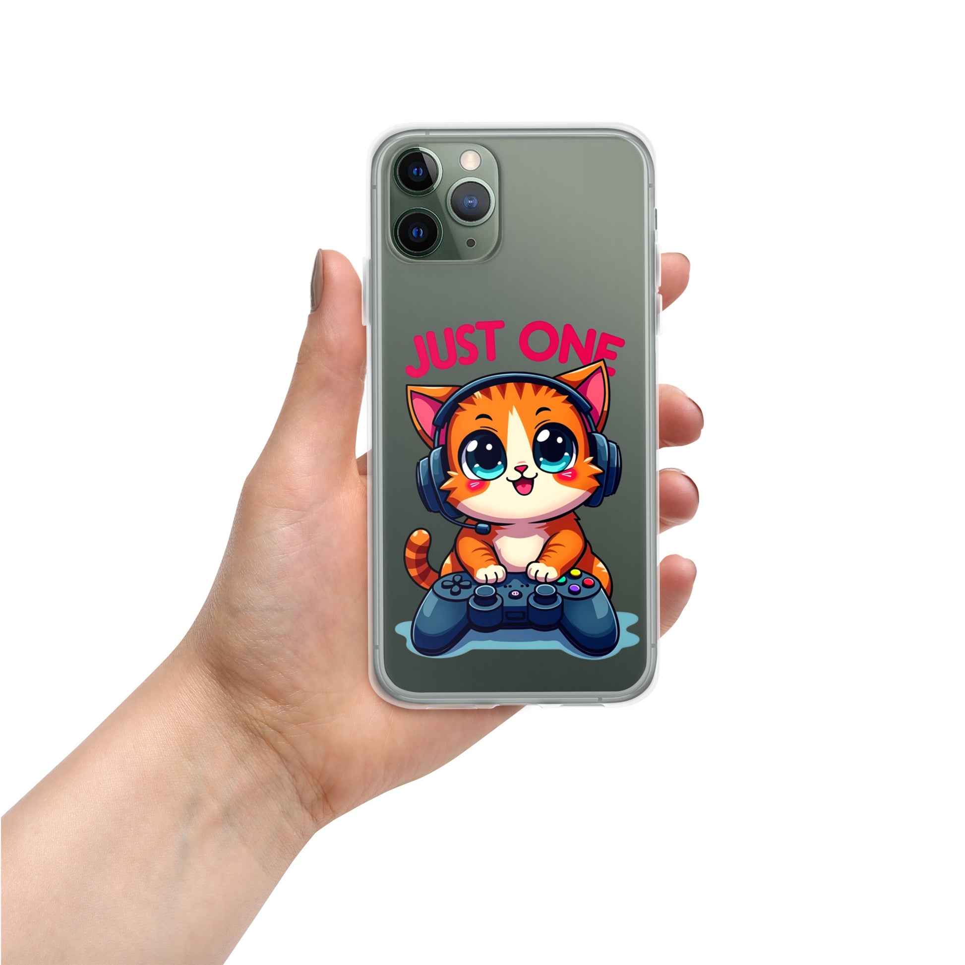 Clear Case for iPhone® - Cute Gamer Cat iPhone Clear Case – "Just One" Game Controller Kitty Cover by printfluence.net