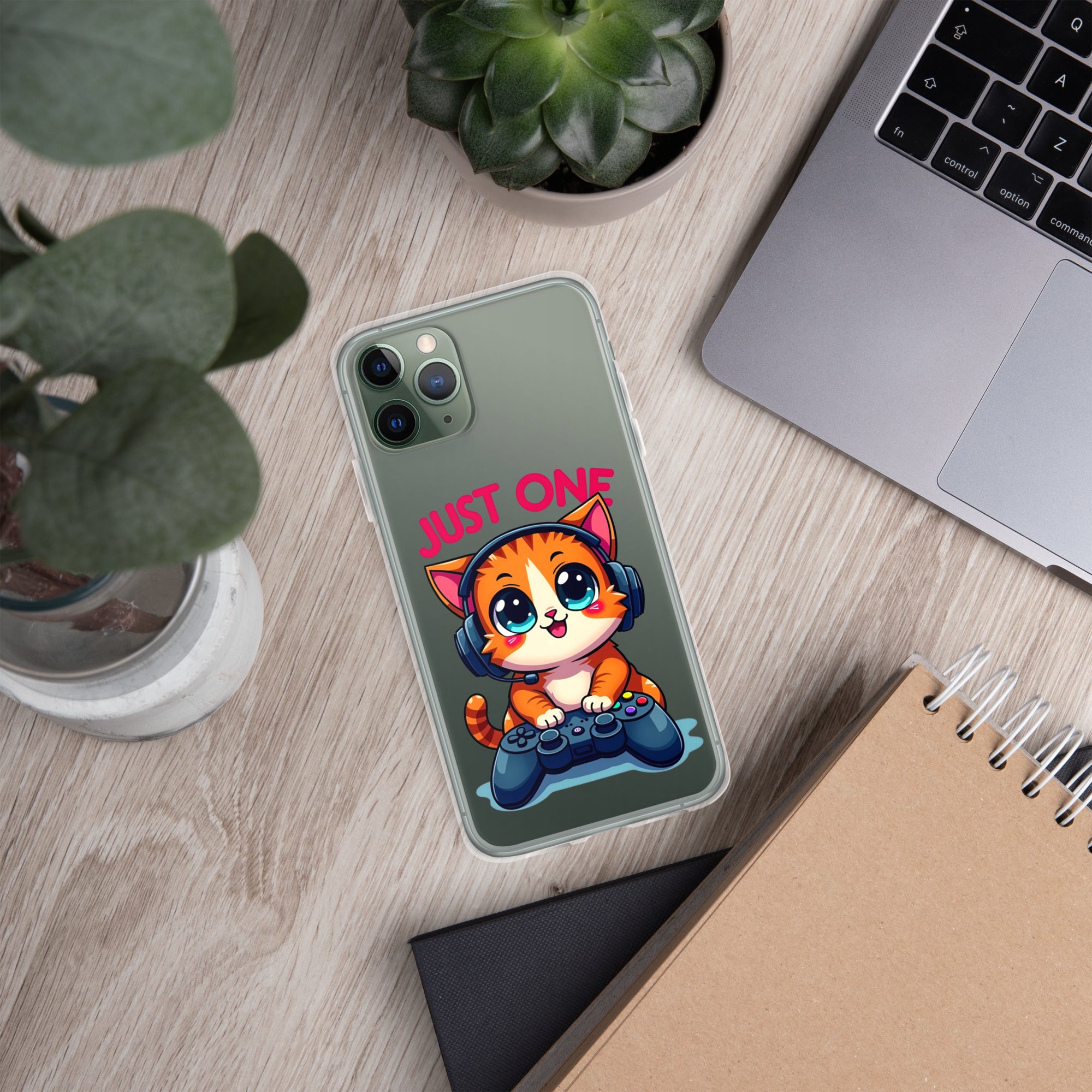 Clear Case for iPhone® - Cute Gamer Cat iPhone Clear Case – "Just One" Game Controller Kitty Cover by printfluence.net