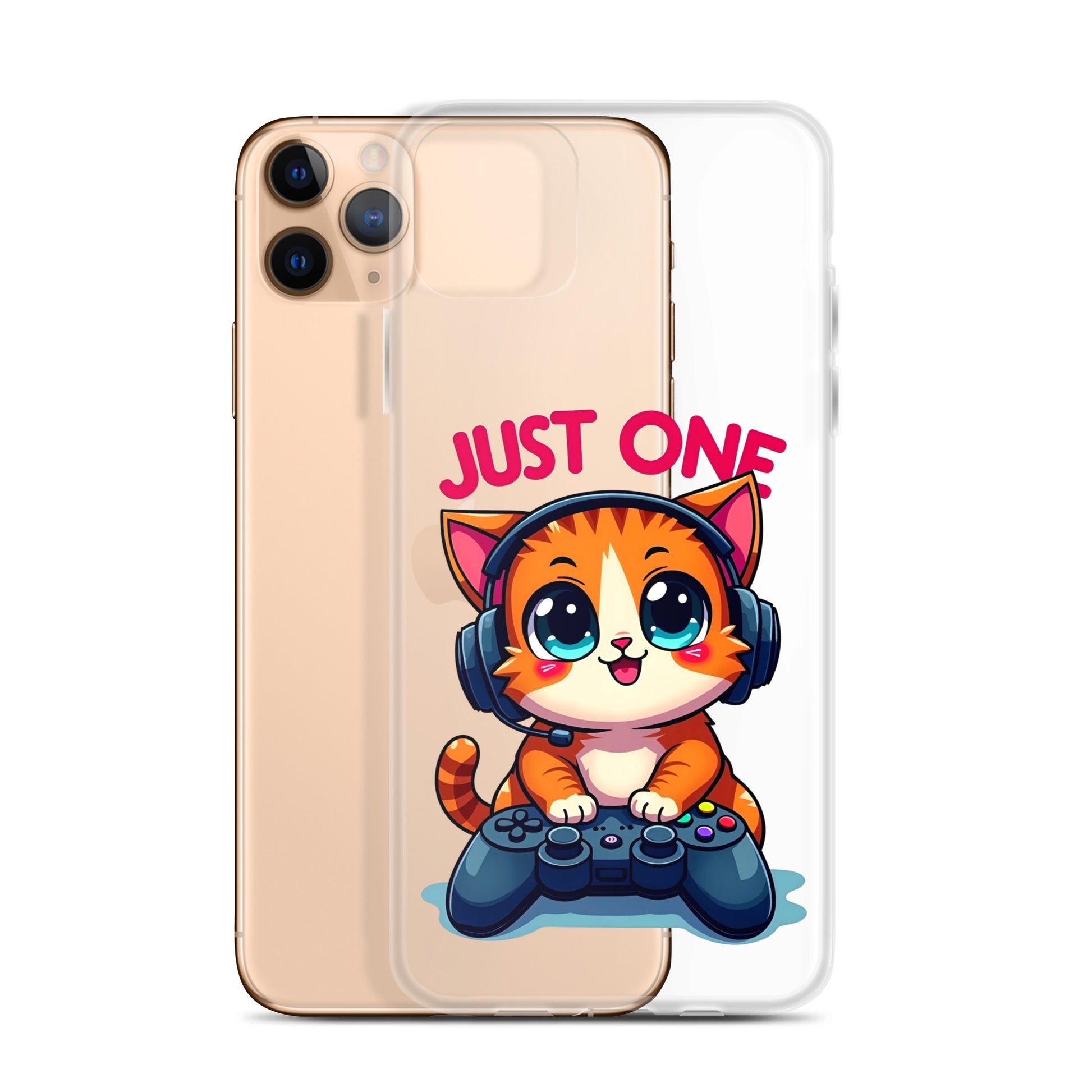 Clear Case for iPhone® - Cute Gamer Cat iPhone Clear Case – "Just One" Game Controller Kitty Cover by printfluence.net