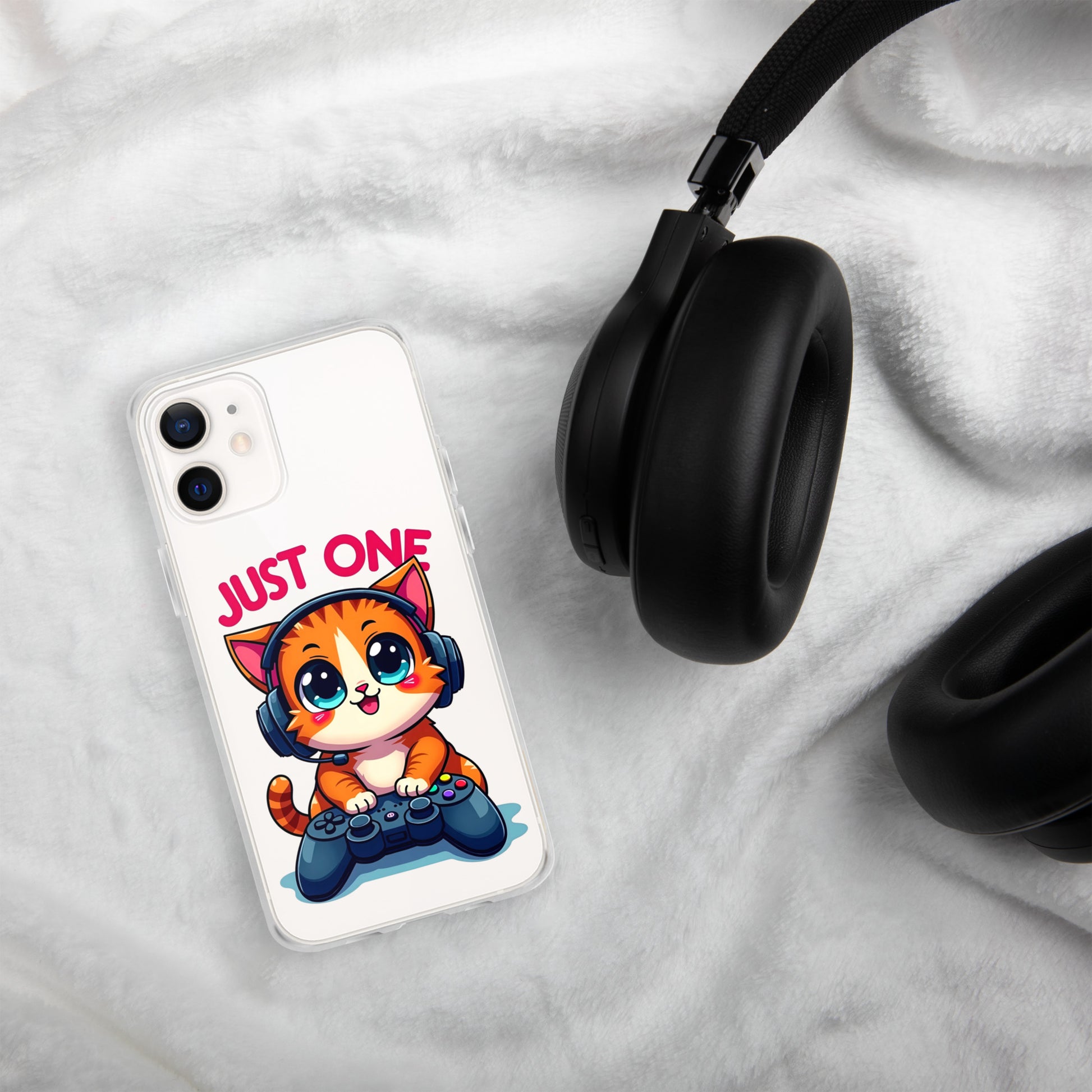 Clear Case for iPhone® - Cute Gamer Cat iPhone Clear Case – "Just One" Game Controller Kitty Cover by printfluence.net
