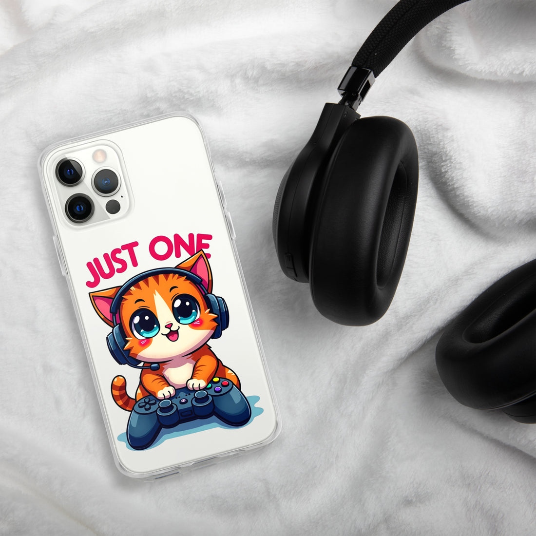 Clear Case for iPhone® - Cute Gamer Cat iPhone Clear Case – "Just One" Game Controller Kitty Cover by printfluence.net