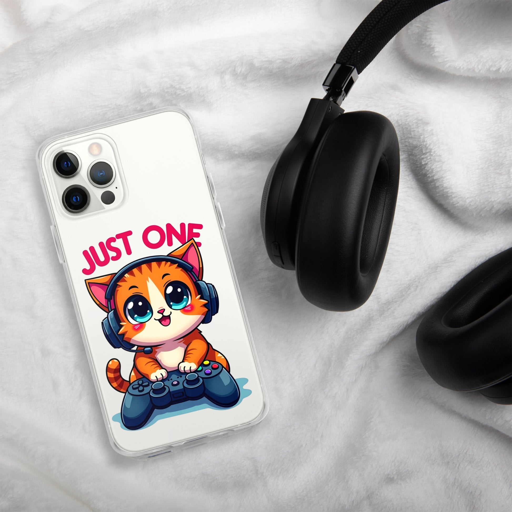 Clear Case for iPhone® - Cute Gamer Cat iPhone Clear Case – "Just One" Game Controller Kitty Cover by printfluence.net
