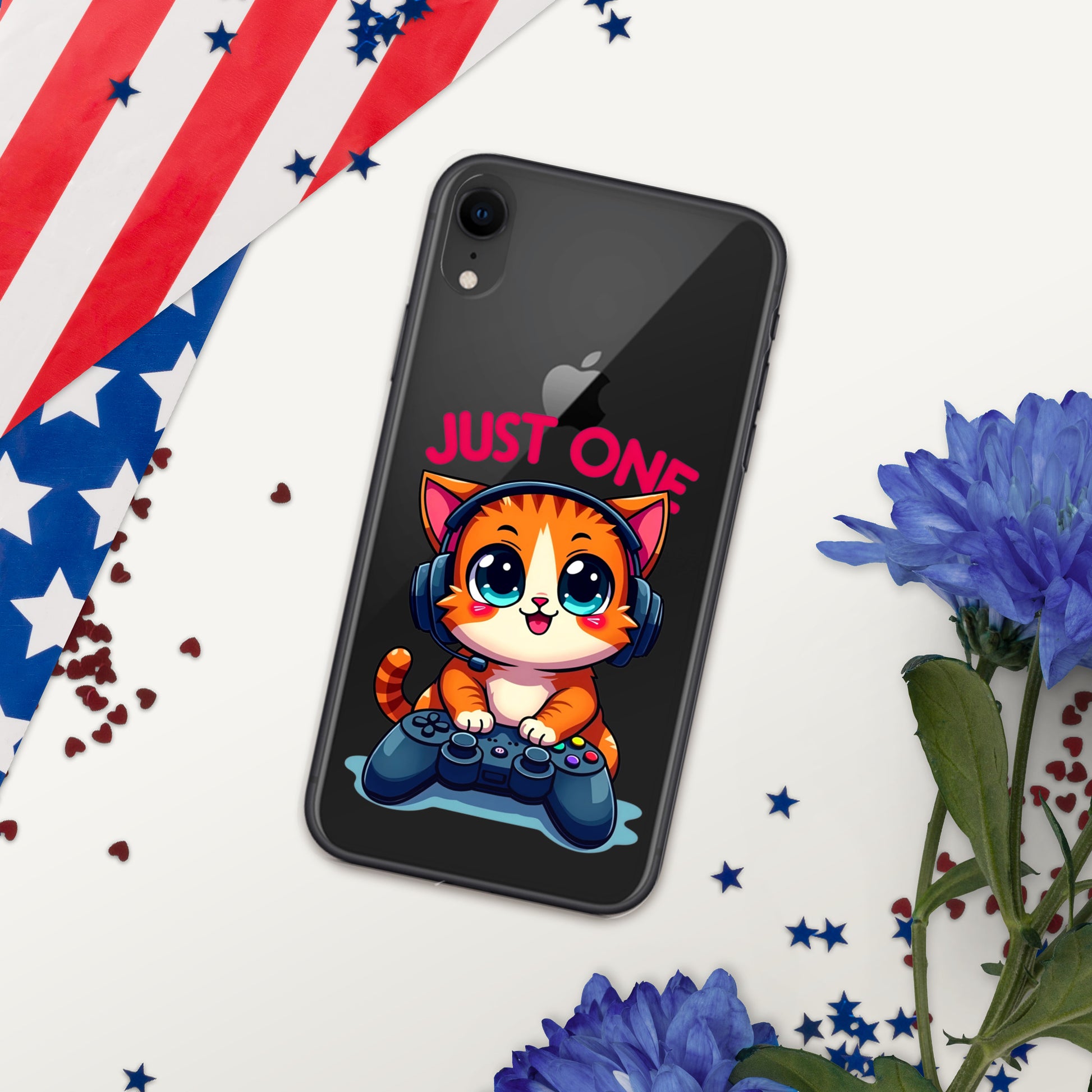 Clear Case for iPhone® - Cute Gamer Cat iPhone Clear Case – "Just One" Game Controller Kitty Cover by printfluence.net