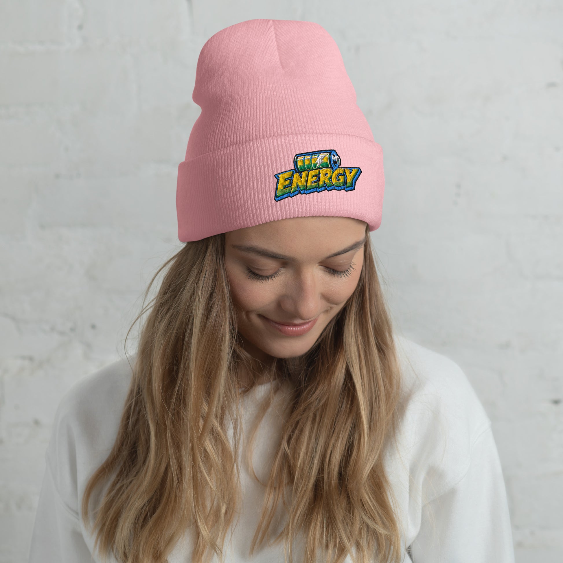 Cuffed Beanie - Fully Charged Battery Energy - Premium Neon Green Lightning Graphic Design by printfluence.net