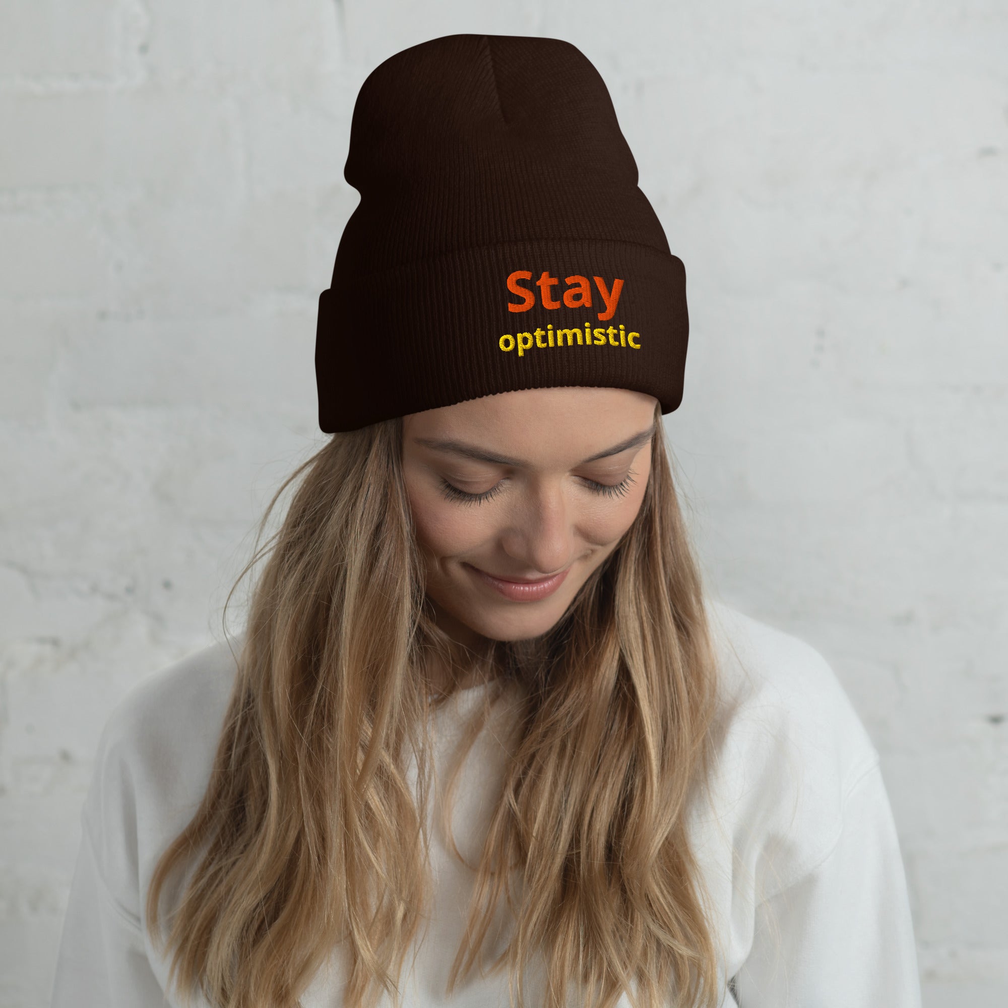 Cuffed Beanie - Stay Optimistic Minimalist Hat – Inspiring Positive Vibes Trendy Motivational Cap by printfluence.net
