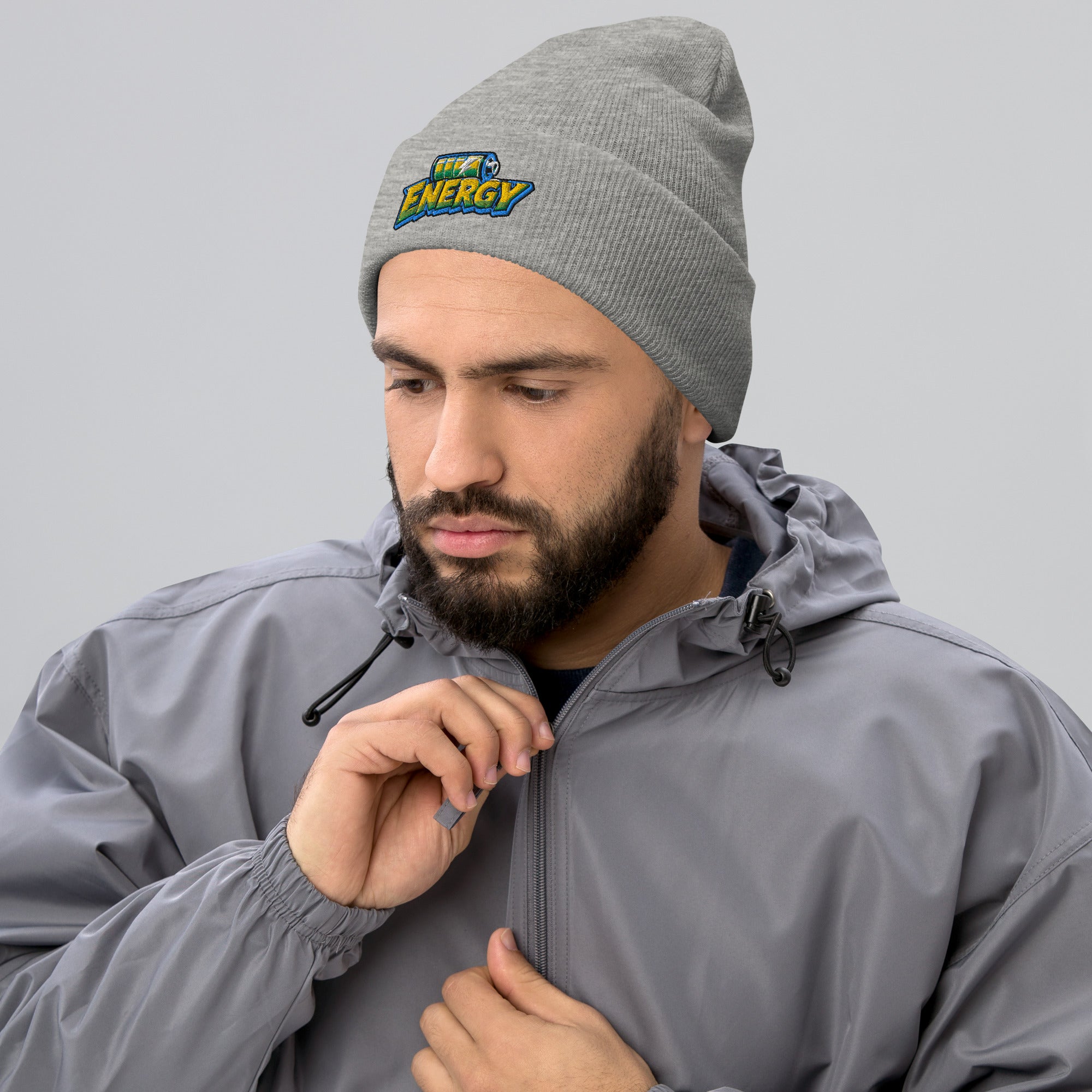 Cuffed Beanie - Fully Charged Battery Energy - Premium Neon Green Lightning Graphic Design by printfluence.net