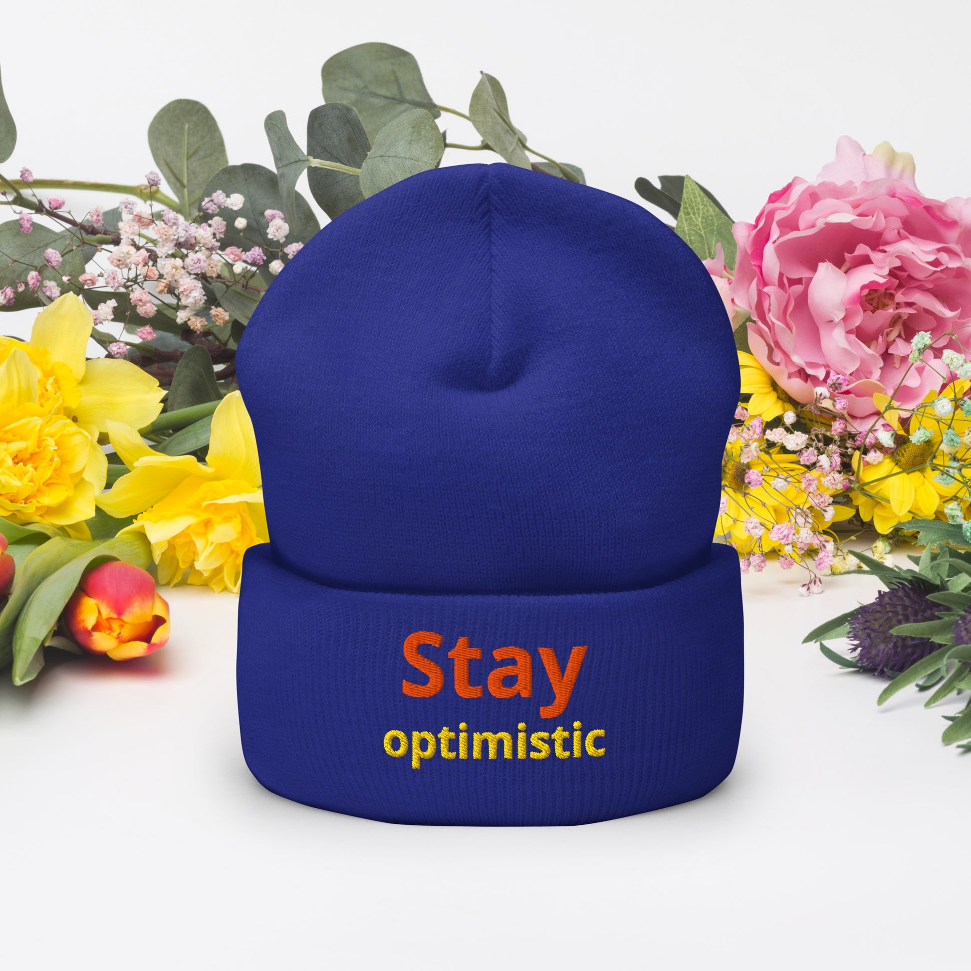 Cuffed Beanie - Stay Optimistic Minimalist Hat – Inspiring Positive Vibes Trendy Motivational Cap by printfluence.net