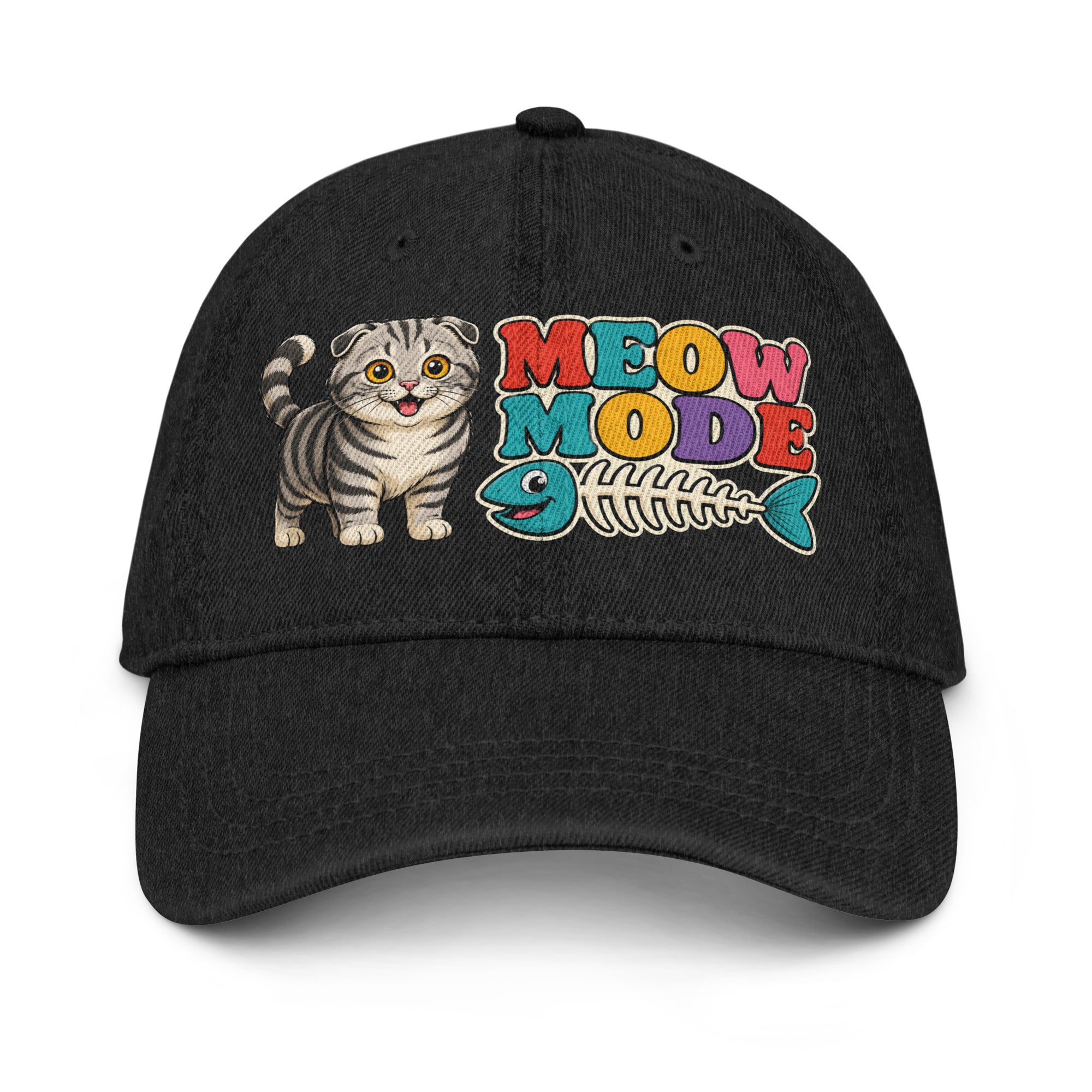 Retro Meow Mode Scottish Fold | Premium Denim Hat for Cat Lovers by printfluence.net