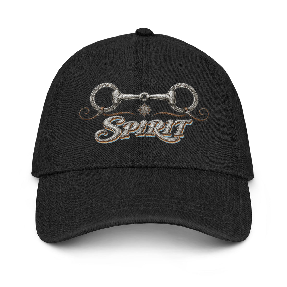 Horse Lovers Denim Hat Spirit – Ornate Equestrian Bit & Silver Typography Cap by printfluence.net