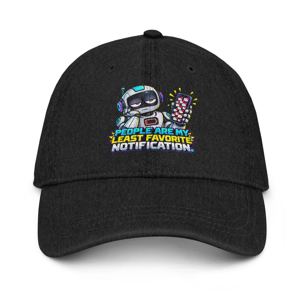 Cyberpunk Animals Lovers | Denim Hat — PEOPLE ARE MY LEAST FAVORITE NOTIFICATION. by printfluence