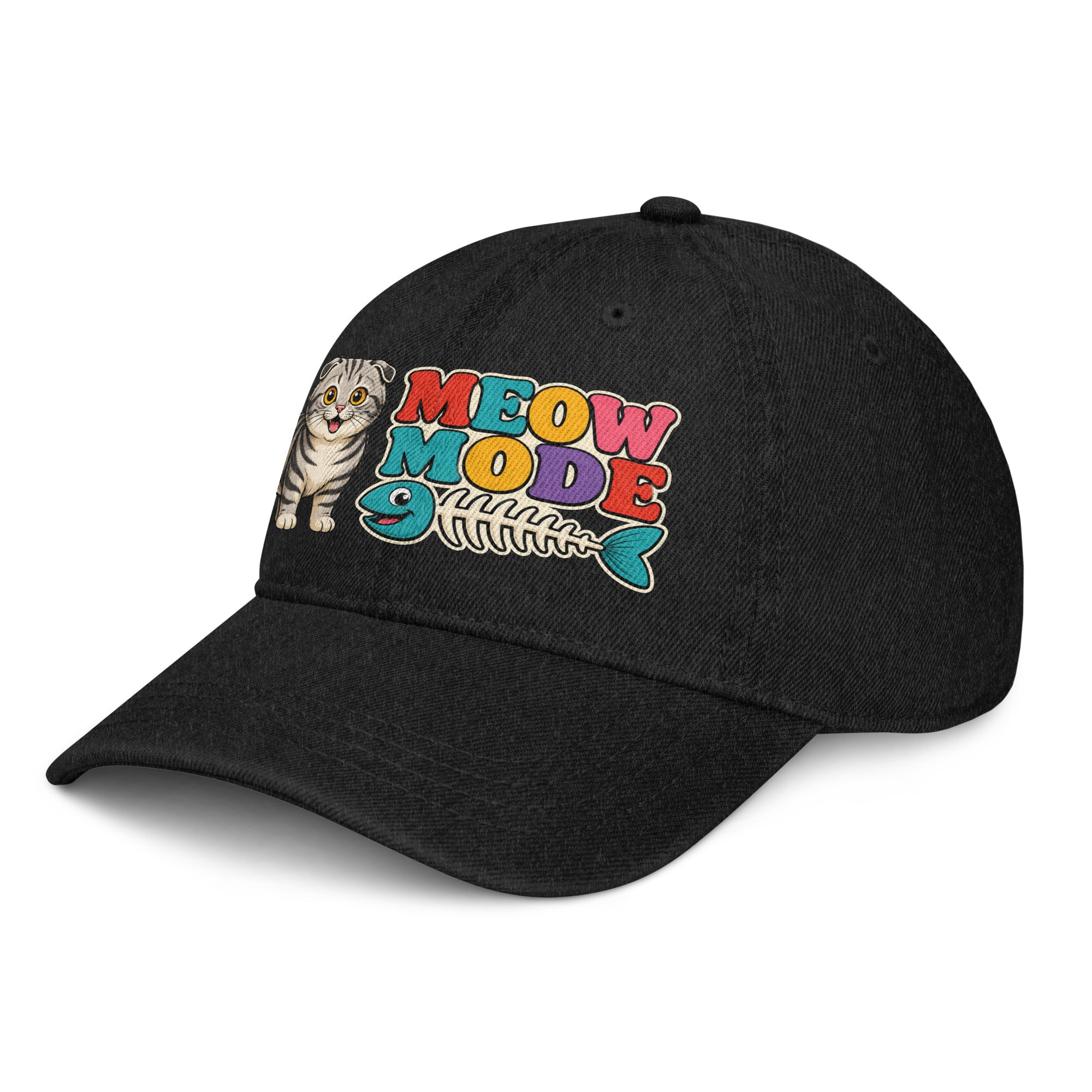 Retro Meow Mode Scottish Fold | Premium Denim Hat for Cat Lovers by printfluence.net