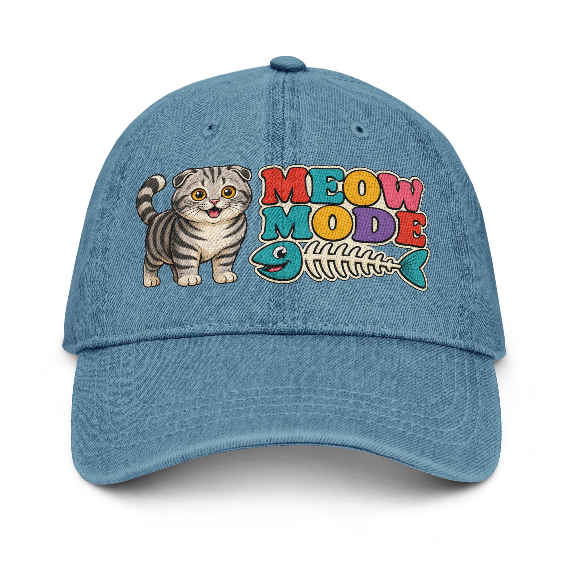 Retro Meow Mode Scottish Fold | Premium Denim Hat for Cat Lovers by printfluence.net