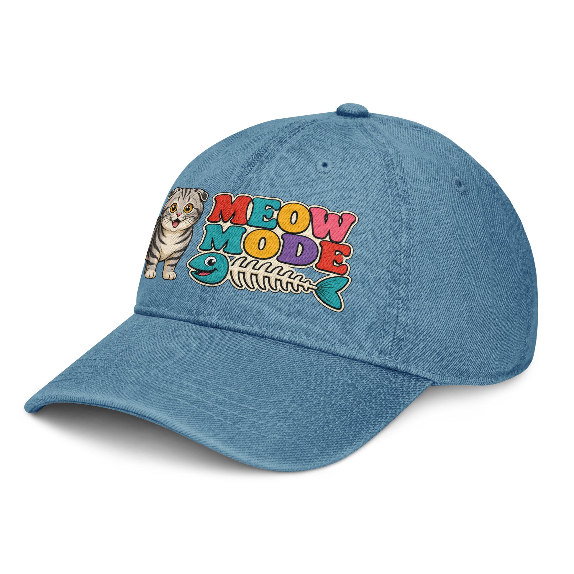 Retro Meow Mode Scottish Fold | Premium Denim Hat for Cat Lovers by printfluence.net