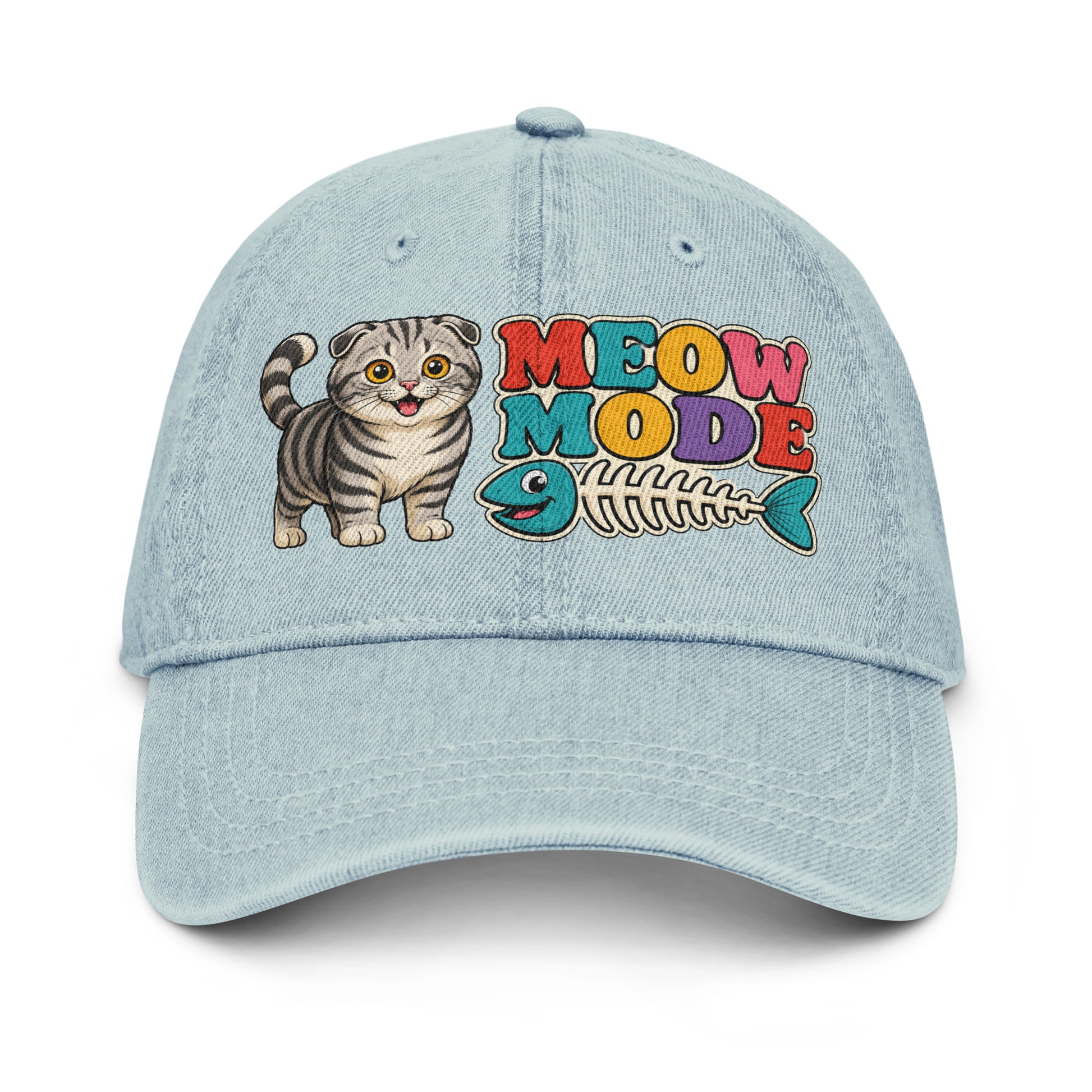 Retro Meow Mode Scottish Fold | Premium Denim Hat for Cat Lovers by printfluence.net