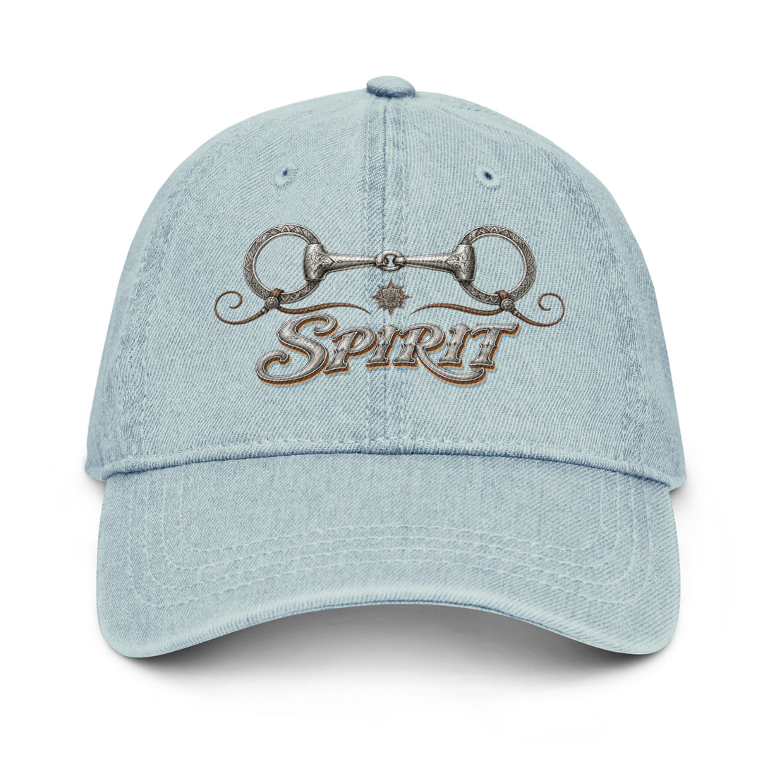 Horse Lovers Denim Hat Spirit – Ornate Equestrian Bit & Silver Typography Cap by printfluence.net