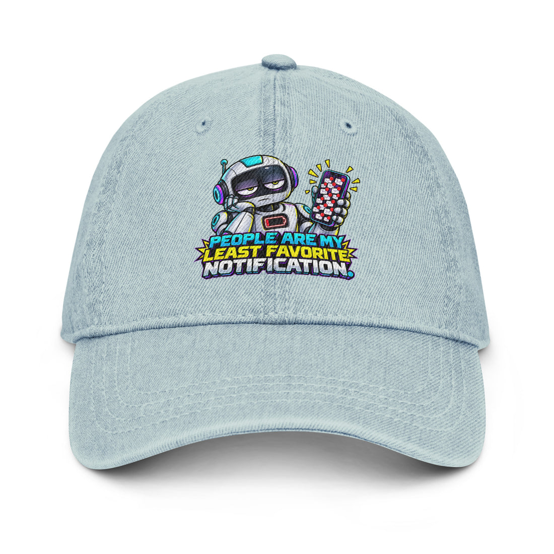 Cyberpunk Animals Lovers | Denim Hat — PEOPLE ARE MY LEAST FAVORITE NOTIFICATION. by printfluence