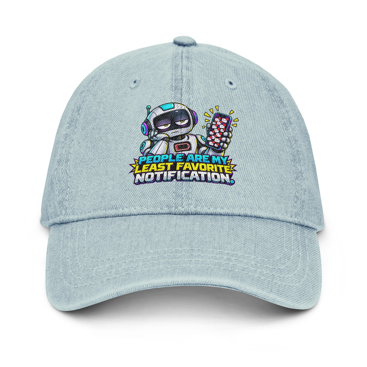 Cyberpunk Animals Lovers | Denim Hat — PEOPLE ARE MY LEAST FAVORITE NOTIFICATION. by printfluence