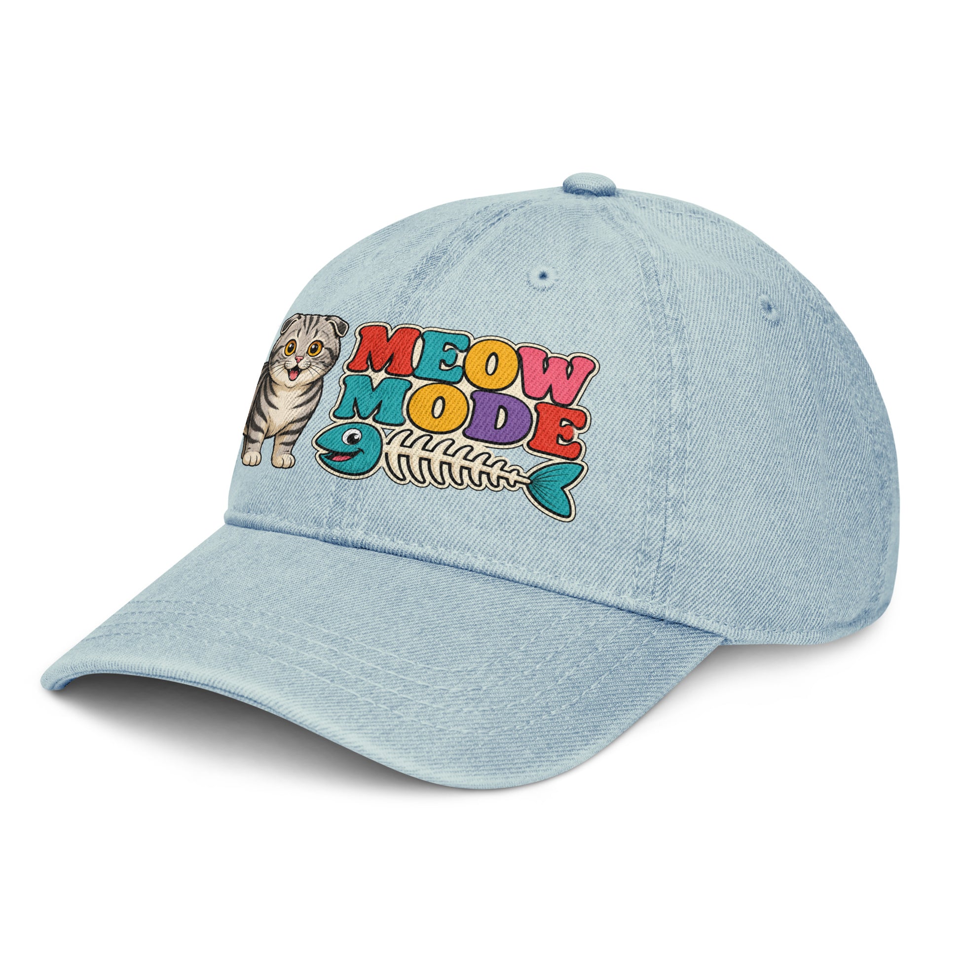 Retro Meow Mode Scottish Fold | Premium Denim Hat for Cat Lovers by printfluence.net