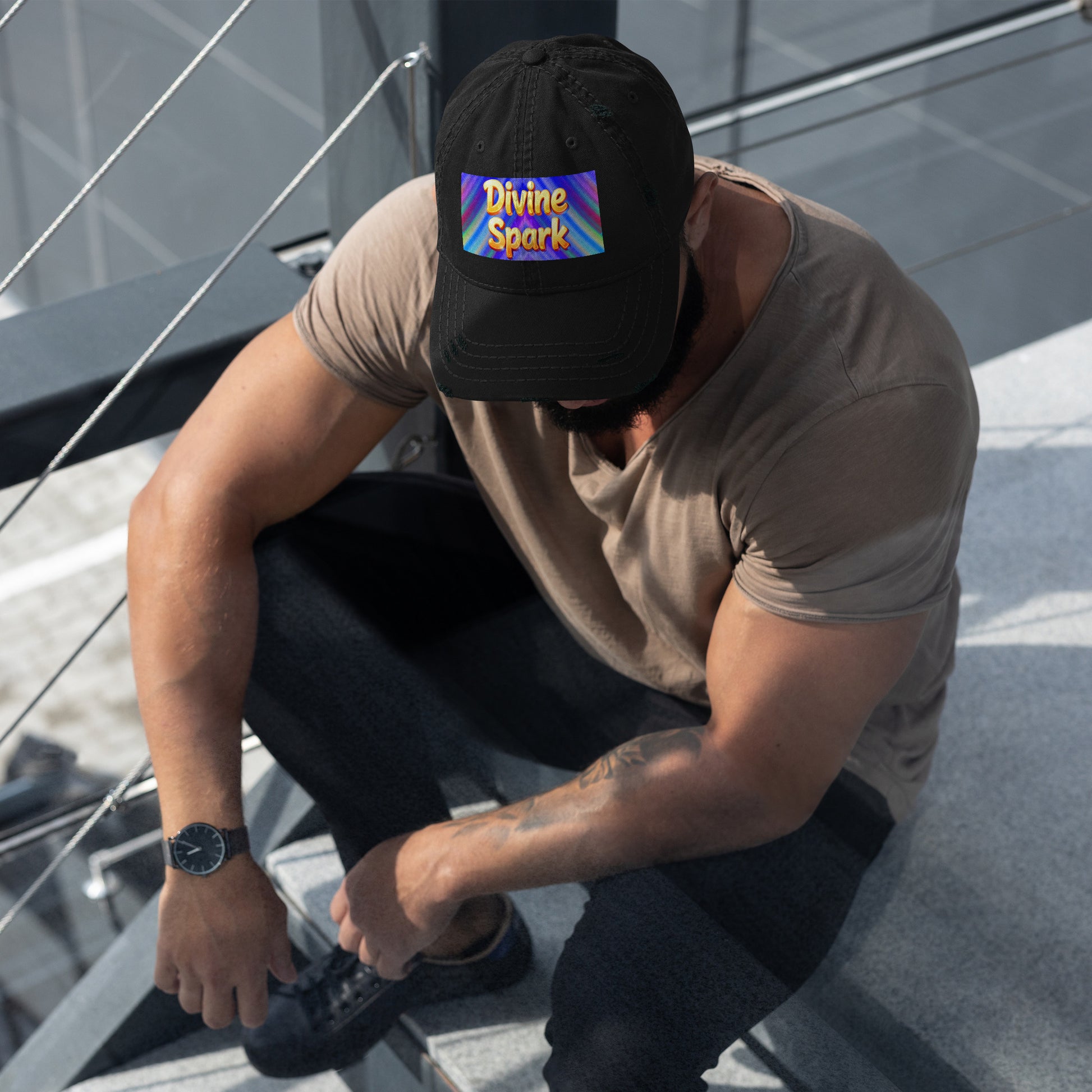 Distressed Dad Hat - Divine Spark Dad Hat – Shiny Yellow Glow on Colorful Lines Cap by printfluence.net