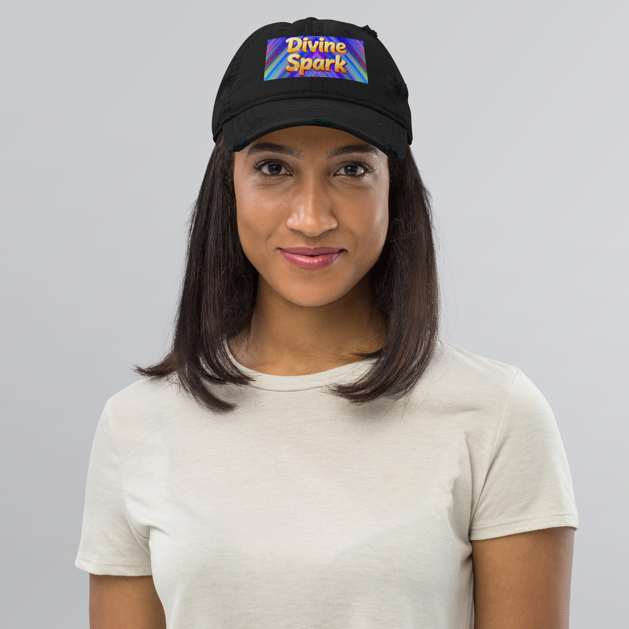Distressed Dad Hat - Divine Spark Dad Hat – Shiny Yellow Glow on Colorful Lines Cap by printfluence.net